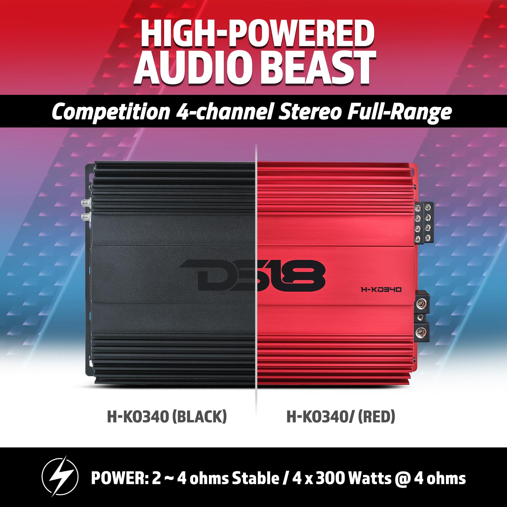DS18 Hooligan H-KO340/RD KO 4-Channel Amplifier Full Range Class D 4 x 300 Watts RMS @ 4-Ohm, Competition-Level Performance, Made in Korea, Remote Level Control Included
