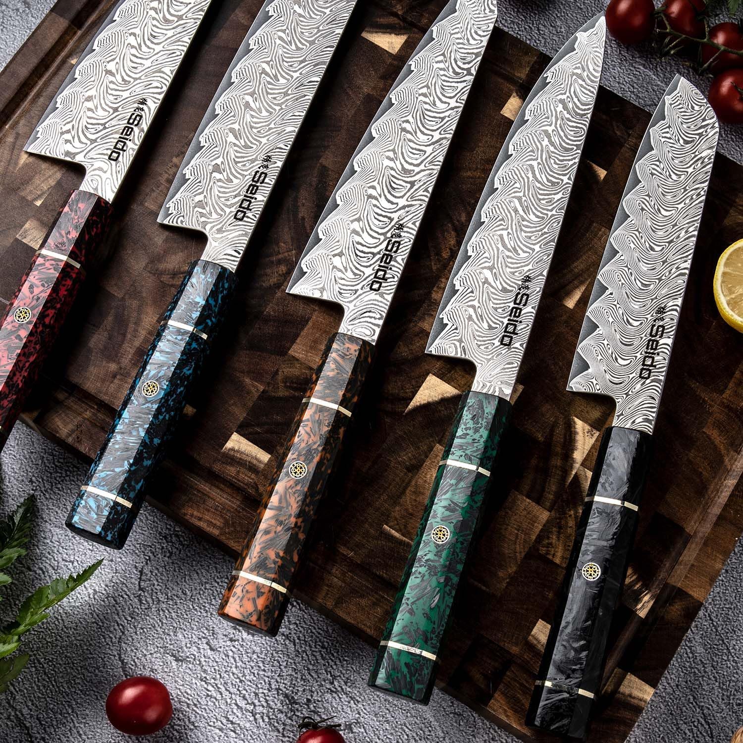 Epokishi 5-Piece AUS-10 Damascus Knife Set – Premium Japanese Chef Knives with Resin & Carbon Fiber Handles – Includes Gyuto, Santoku, Nakiri, Bunka, and Kiritsuke