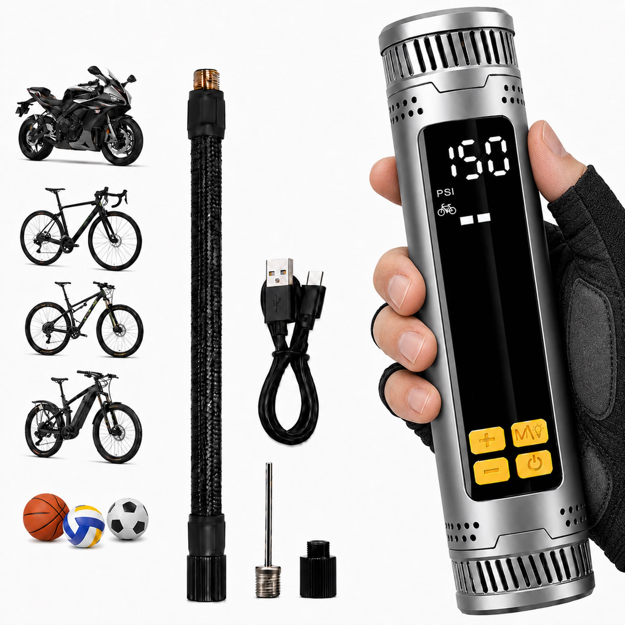 Electric Bike Pump, 150 PSI Mini Bicycle Tyre Inflator with Digital Pressure Gauge & LED Light, Auto Shut-Off, USB-C Rechargeable Air Pump with Presta & Schrader Valve for Road MTB E-Bike Balls