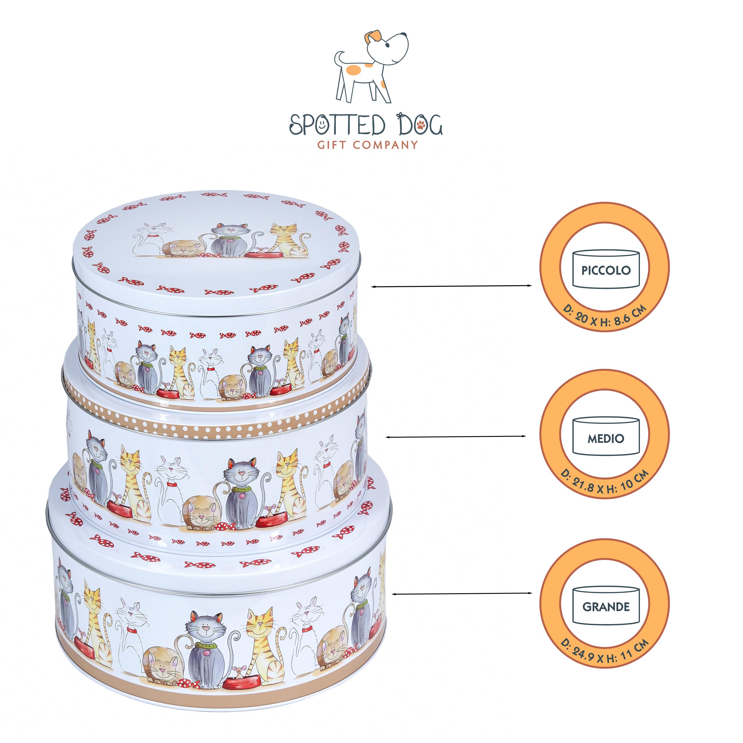 SPOTTED DOG GIFT COMPANY Set di 3 Scatole di Latta, Contenitori Impilabili per Biscotti in Metallo, Barattoli di Latta Rotondi Ermetici per Conservare Torte e Alimenti, Piccoli Medi Grandi - Gatti
