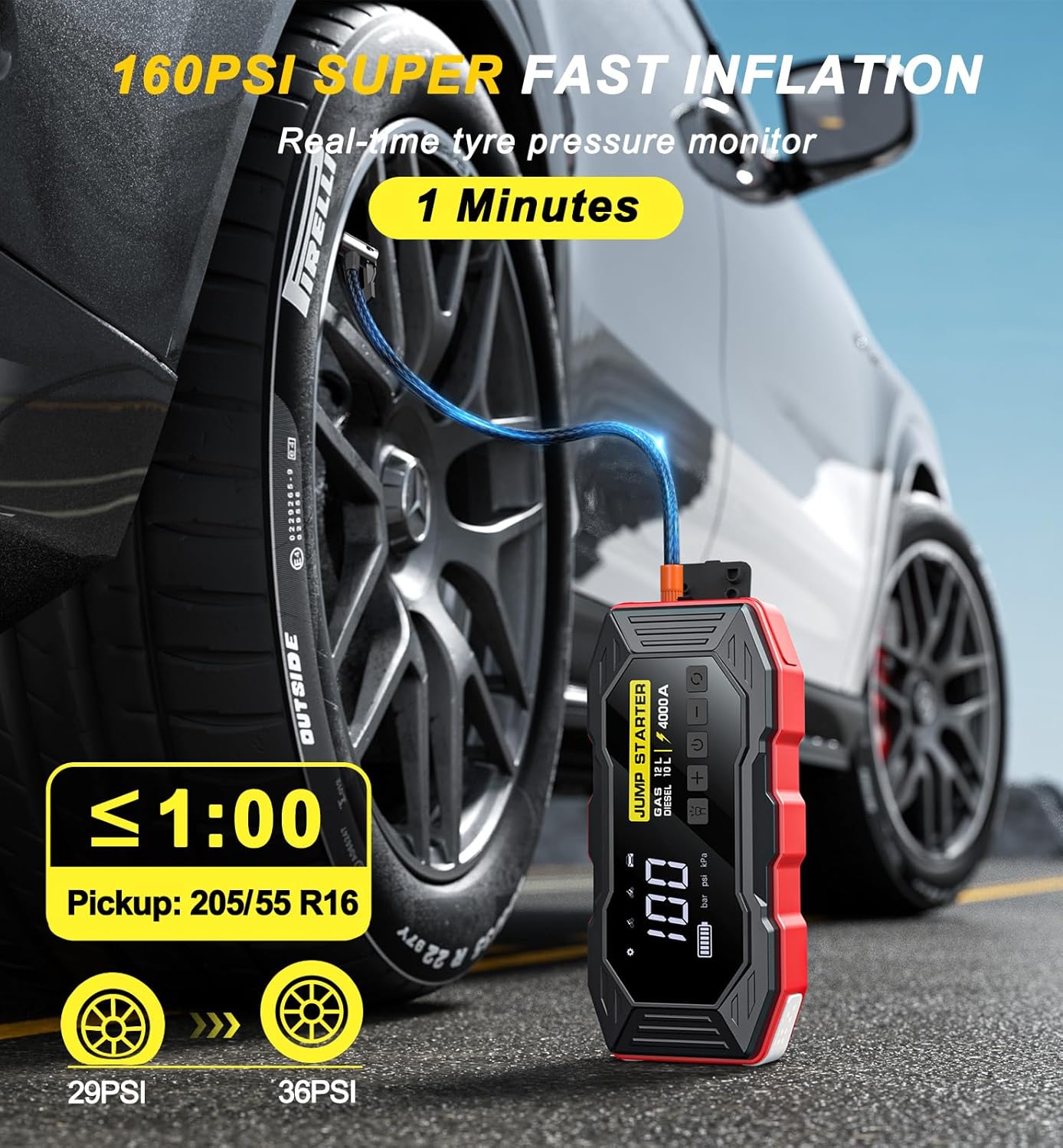 Jump Starter with Air Compressor, Portable Car Battery Jump Starter(12 Gas/10L Diesel), 4000A Peak 160PSI 12V Automobile Jump Box Pack Chargers with Jumper Cables, 4-Mode LED Lights, LCD Display - Image 8