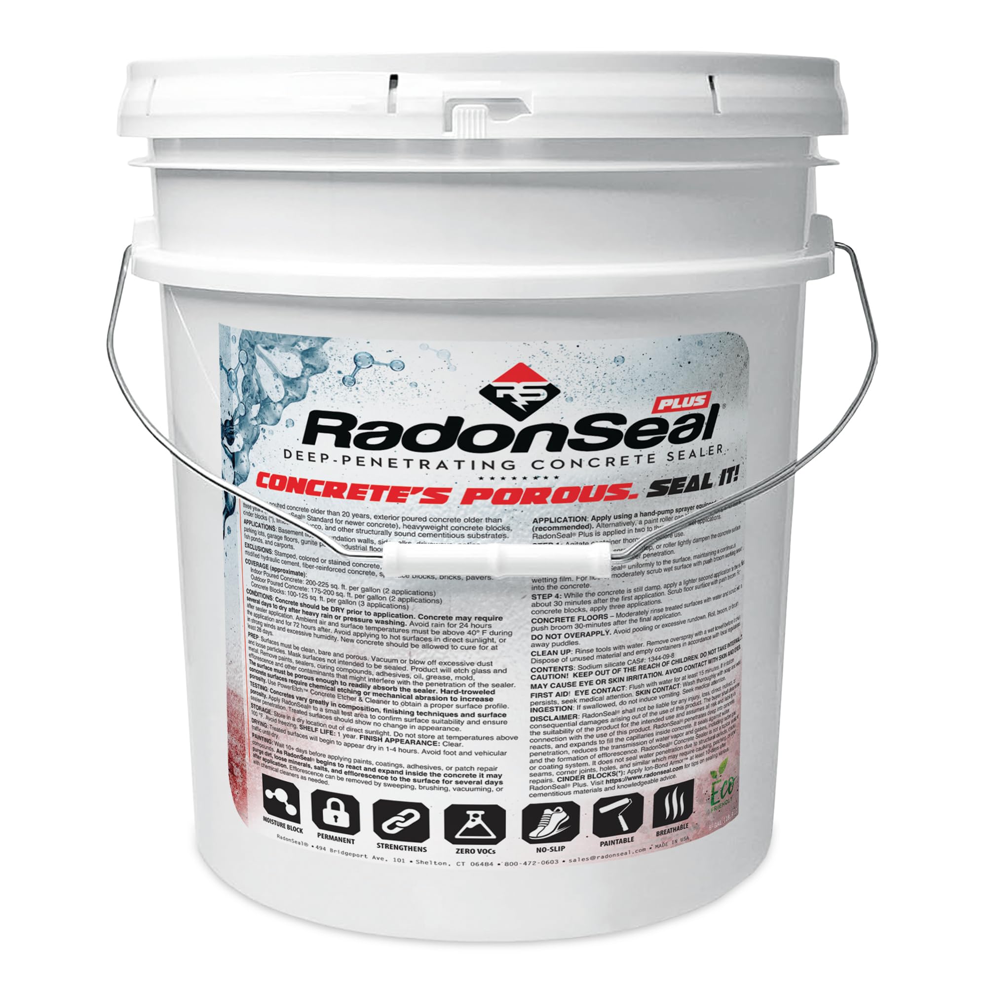RadonSeal Plus Deep-Penetrating Concrete Protectant Sealer, Reduces Basement Moisture & Radon Gas, Strengthens Concrete, Outdoor/Indoor, Paintable - 5 Gals