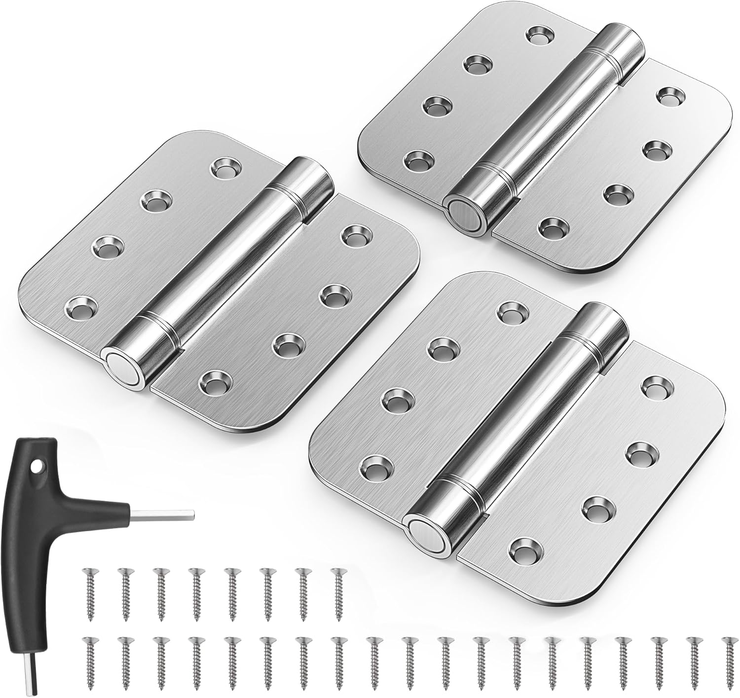 KOLET Self Closing Door Hinges, 4 x 4 Inches Door Hinges with Auto Close, 5/8" Radius Corners Spring Hinges, Heavy Duty Stainless Steel, Long-Lasting, Brushed Nickel, 3 Pack