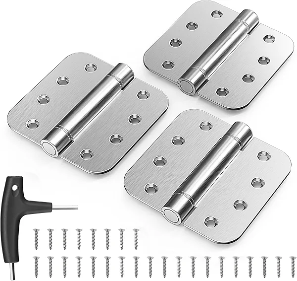KOLET Self Closing Door Hinges, 4 x 4 Inches Door Hinges with Auto Close, 5/8" Radius Corners Spring Hinges, Heavy Duty Stainless Steel, Long-Lasting, Brushed Nickel, 3 Pack