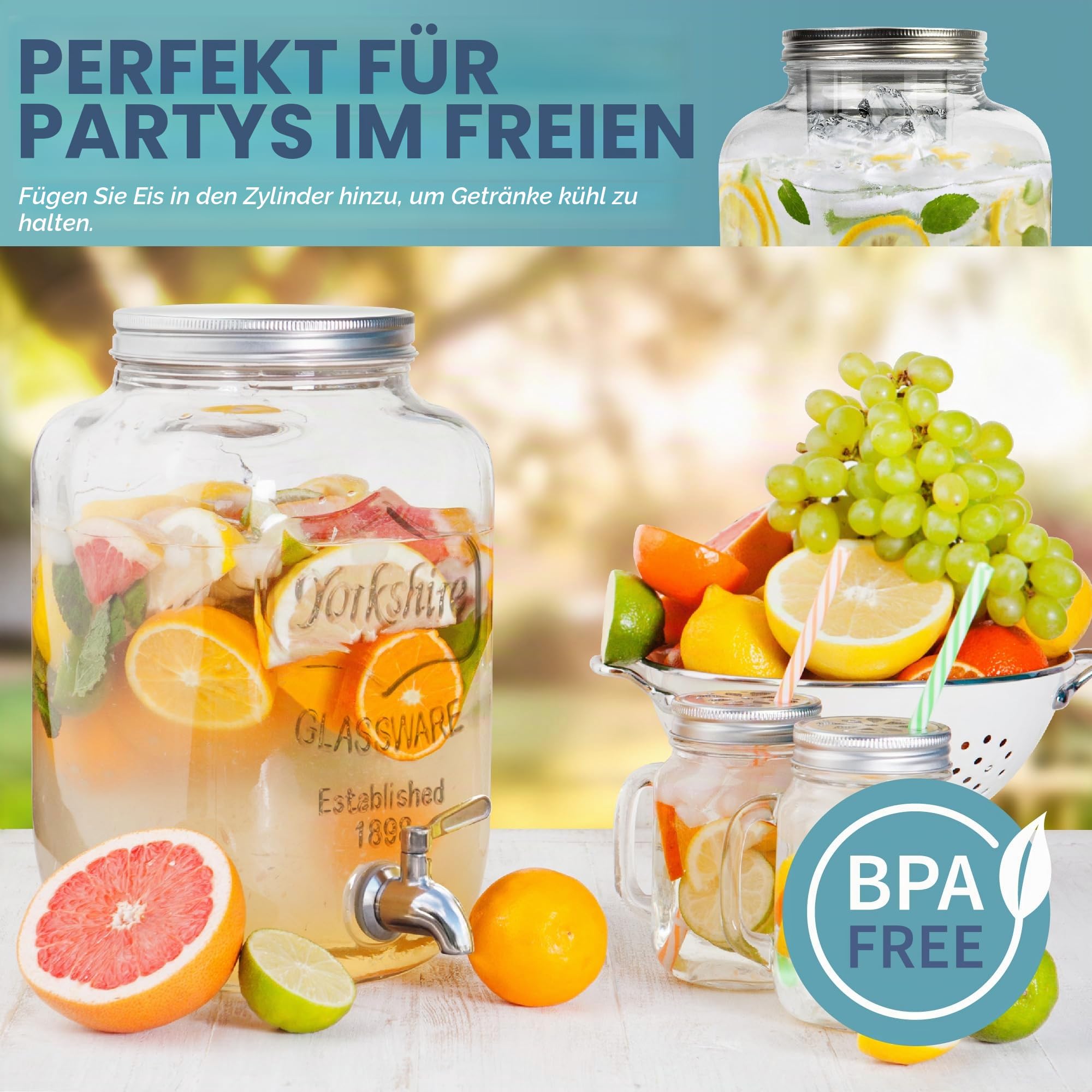 HEFTMAN Getränkespender aus Glas mit Zapfhahn – 3,7 Liter Mason Jar Getränkespender mit auslaufsicherem Edelstahlhahn & Eiszylinder Kühlschrank Wasserspender, Punsch, Cocktails, leerer Getränkespender