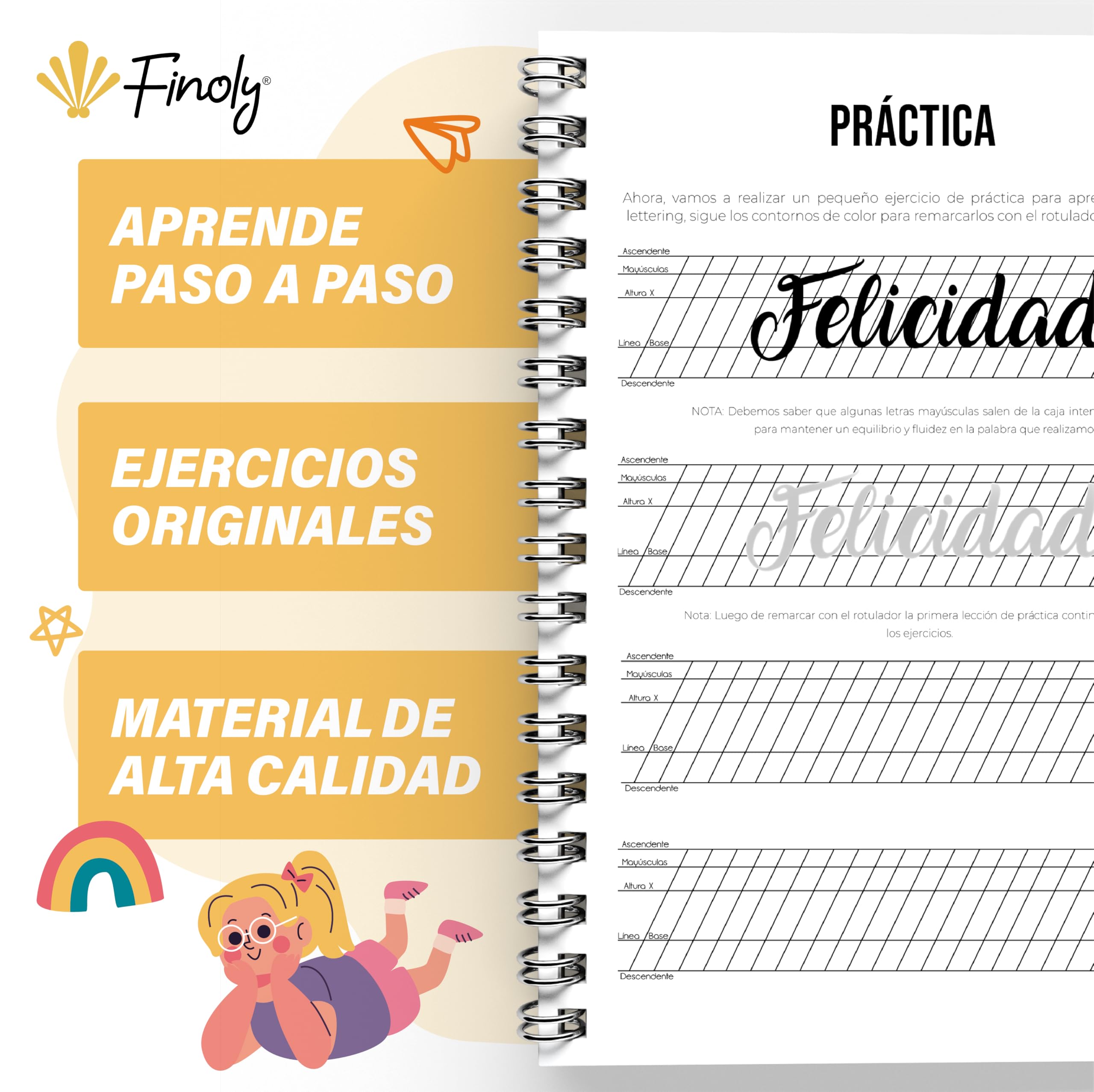 Finoly Cuaderno Lettering | Cuaderno Lettering para Niñas | Cuaderno Lettering Niños | Libro Lettering | Libreta Lettering | Libro Lettering Niños | Cuaderno Lettering Principiante para Colorear