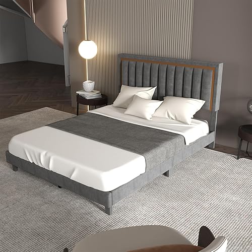 Miniatura 9 de GAOMON Base de cama Queen con cabecera ajustable de terciopelo, plataforma tapizada, tamaño Queen con almacenamiento debajo de la cama, listones de