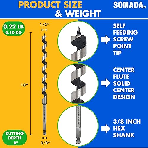 Vista 23 de SOMADA Broca de taladro de 3/4 pulgadas x 17 pulgadas para madera, vástago hexagonal de 3/8 pulgadas, una pieza, broca larga para madera blanda