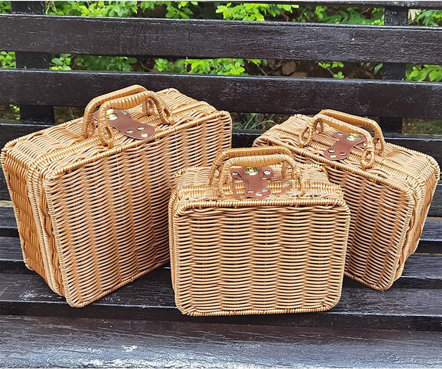 Flueyer 3PCS Rattan Suitcase Basket, Wicker Storage Box with Handles, Willow Picnic Basket, Rattan Storage Box Travel Suitcase for Camping, Outdoor, Indoor, Home Decor