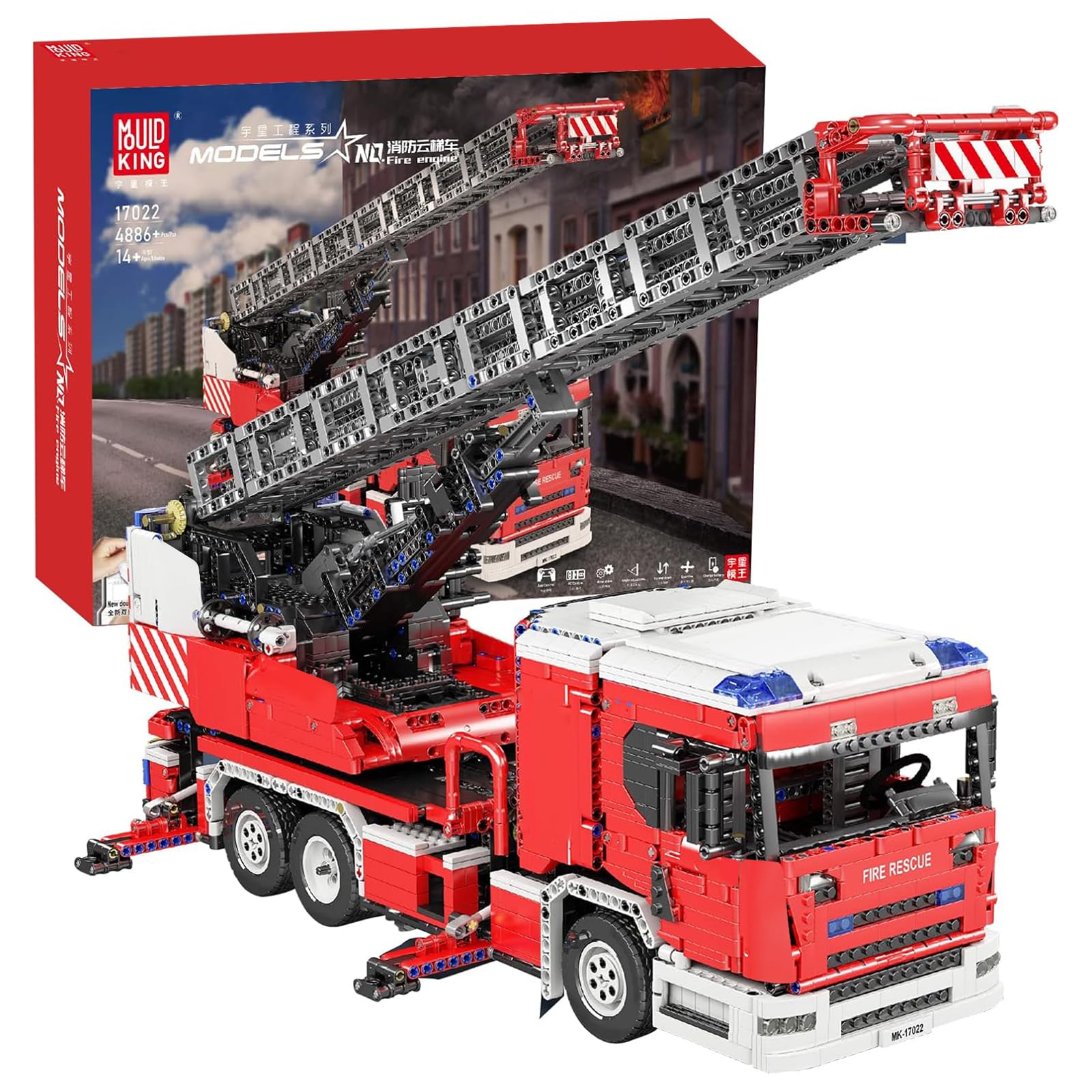 Mould King 17022 STEM Fire Engine Truck Building Set, 8 motori grandi estintori scala camion modellini blocchi, camion dei pompieri telecomandato (4886 PCS