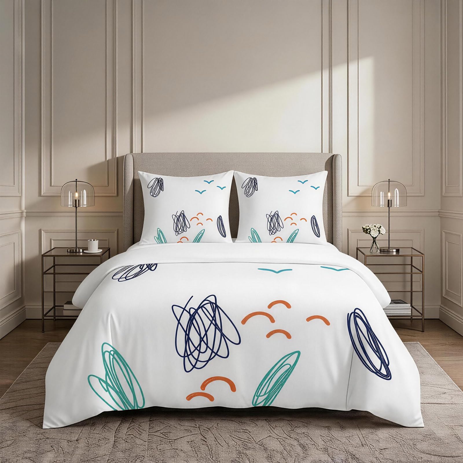 Housse de couette 180x200 microfibre parure de lit 3 pièces dessin au trait motif moderne
