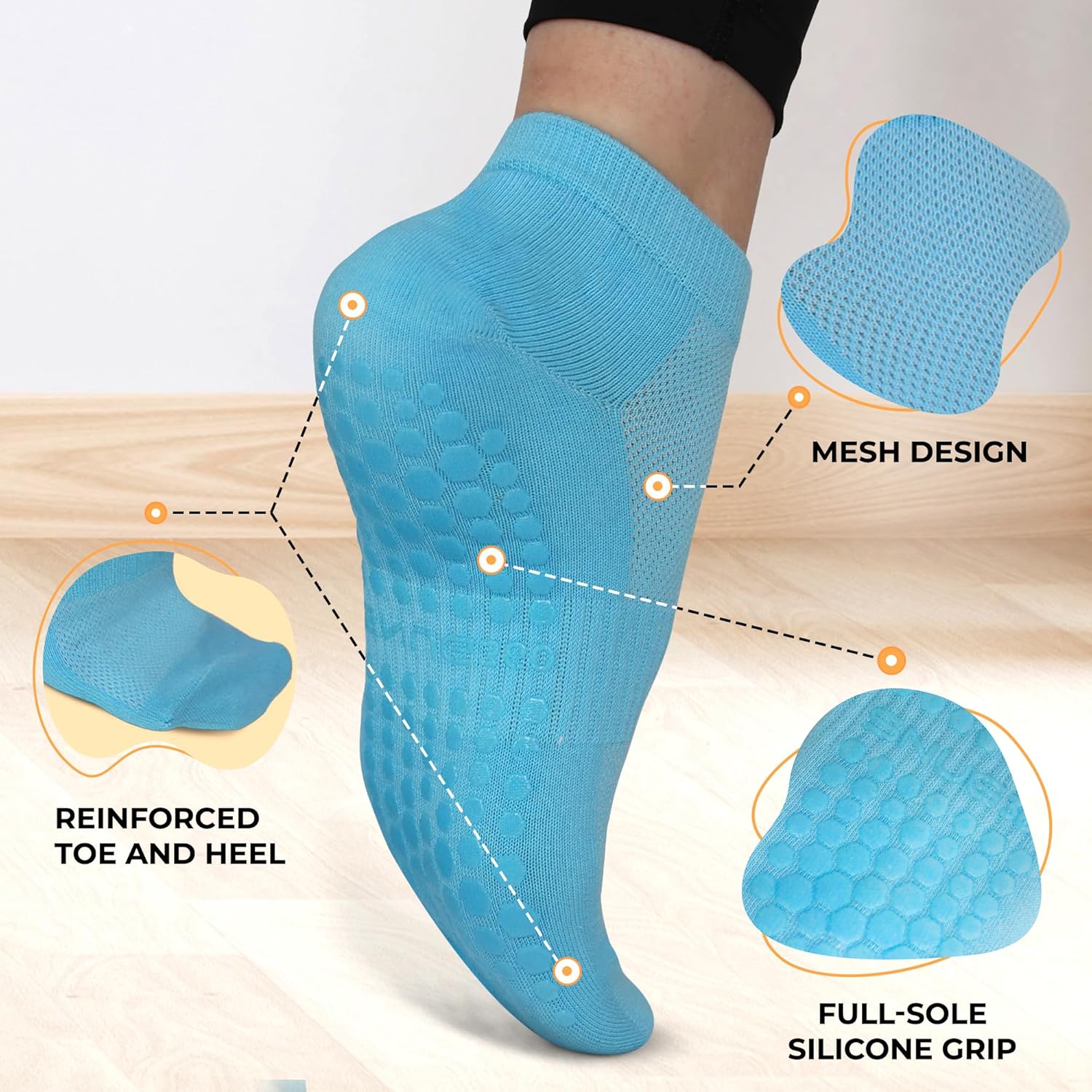 Women’s Pilates Grip Socks – 4 Pairs Non-Slip Ankle Socks with Silicone Grips for Yoga, Barre, Workout & More - Image 6