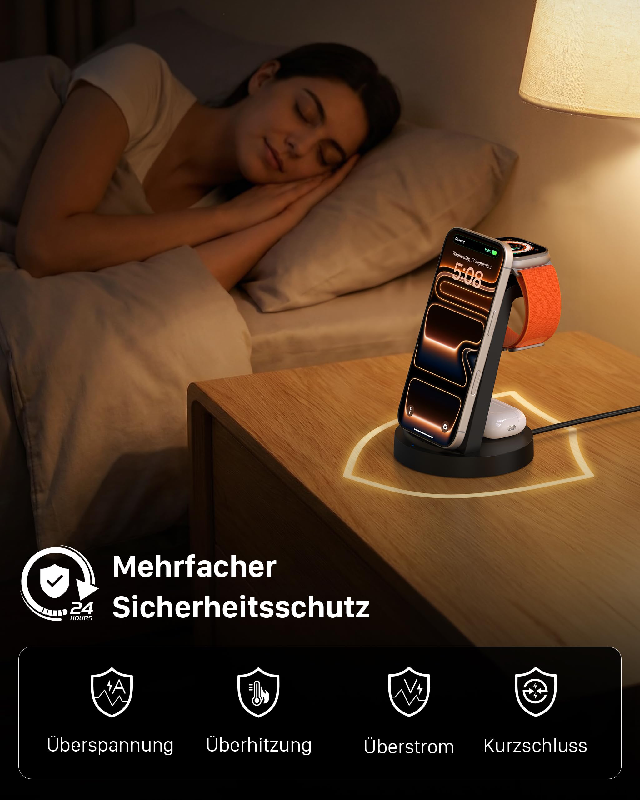 Bezprzewodowa ładowarka Stacja ładująca kompatybilna z Phone 17 Air 16e 16 15 14 13 12 11 X Pro Max & Ładowarki indukcyjne iWatch 11-2 z Pods 4 3 2 Pro z 18W Fast adapterem (Czarny)