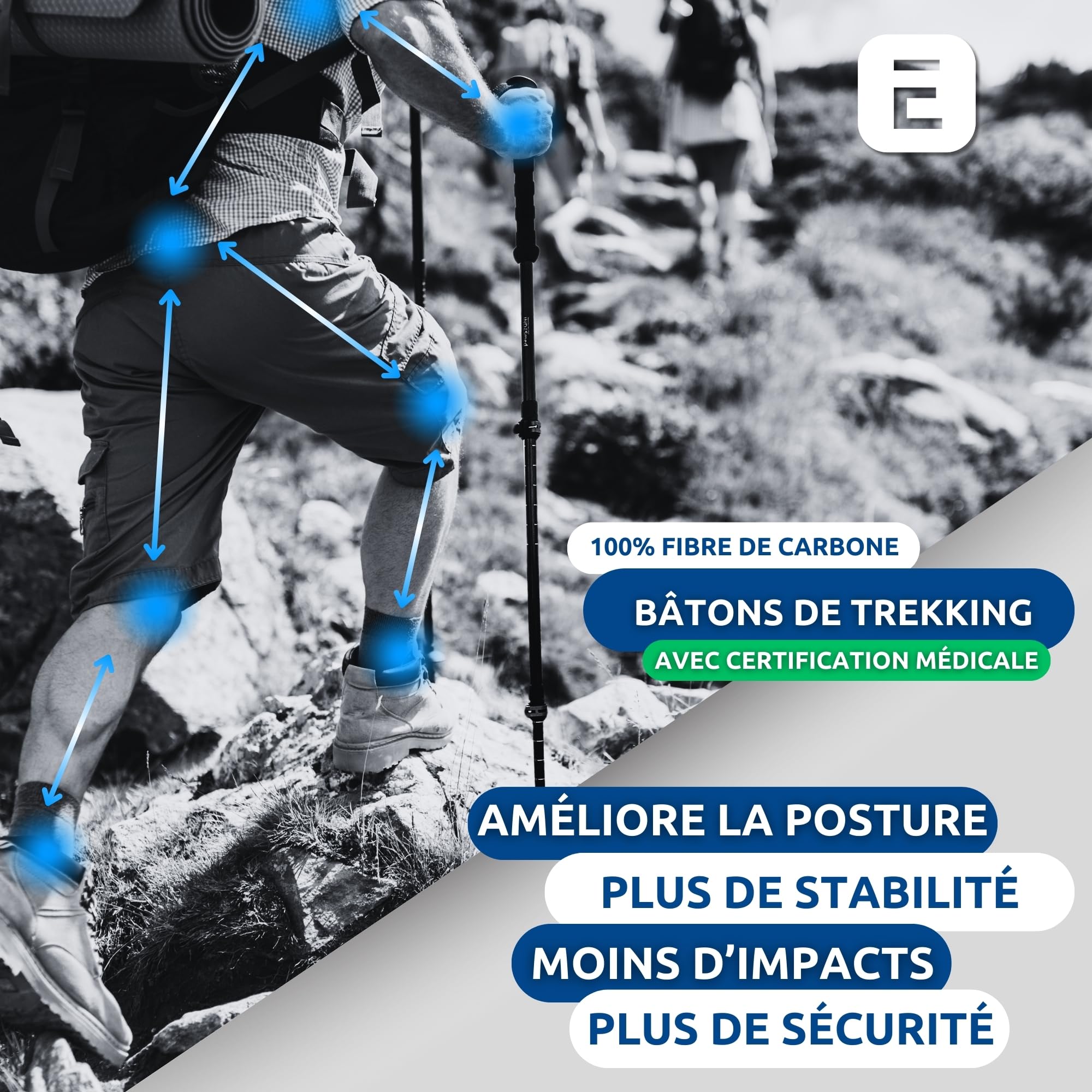 INDESmed - Bâtons de randonnée télescopiques 100% Carbone – Antichoc, antidérapant – Bâton de Marche Nordique Pliable avec Fermeture Rapide | 8 Accessoires Tout-terrains – Poles Trekking