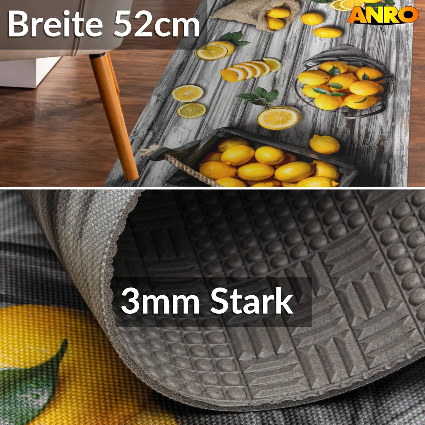 ANRO Küchenläufer Teppichläufer abwaschbar Läufer Flur rutschfest pflegeleicht Zitronen 200 x 52 cm