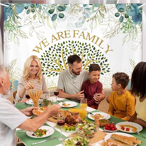Miniatura 2 de MEHOFOND Telón de fondo de reunión familiar de 7 x 5 pies, hojas de eucalipto verdes, fondo de fotografía familiar, árbol dorado, hojas verdes,