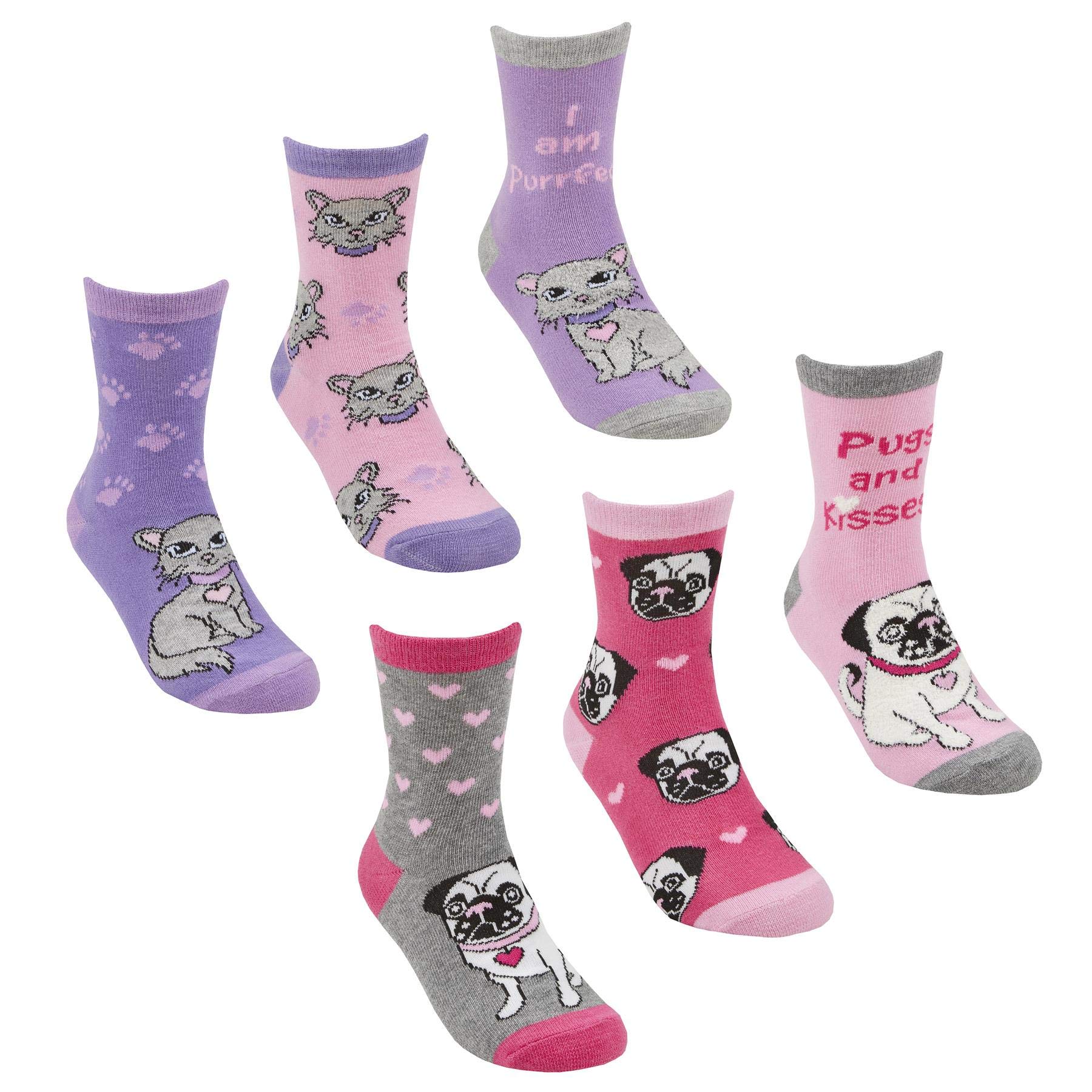 Sock Stack Girls Pugs & Cats Socks 6 Pairs Of Kids Design Unicorn Mermaid Pug Socks Cotton Rich, 9-12