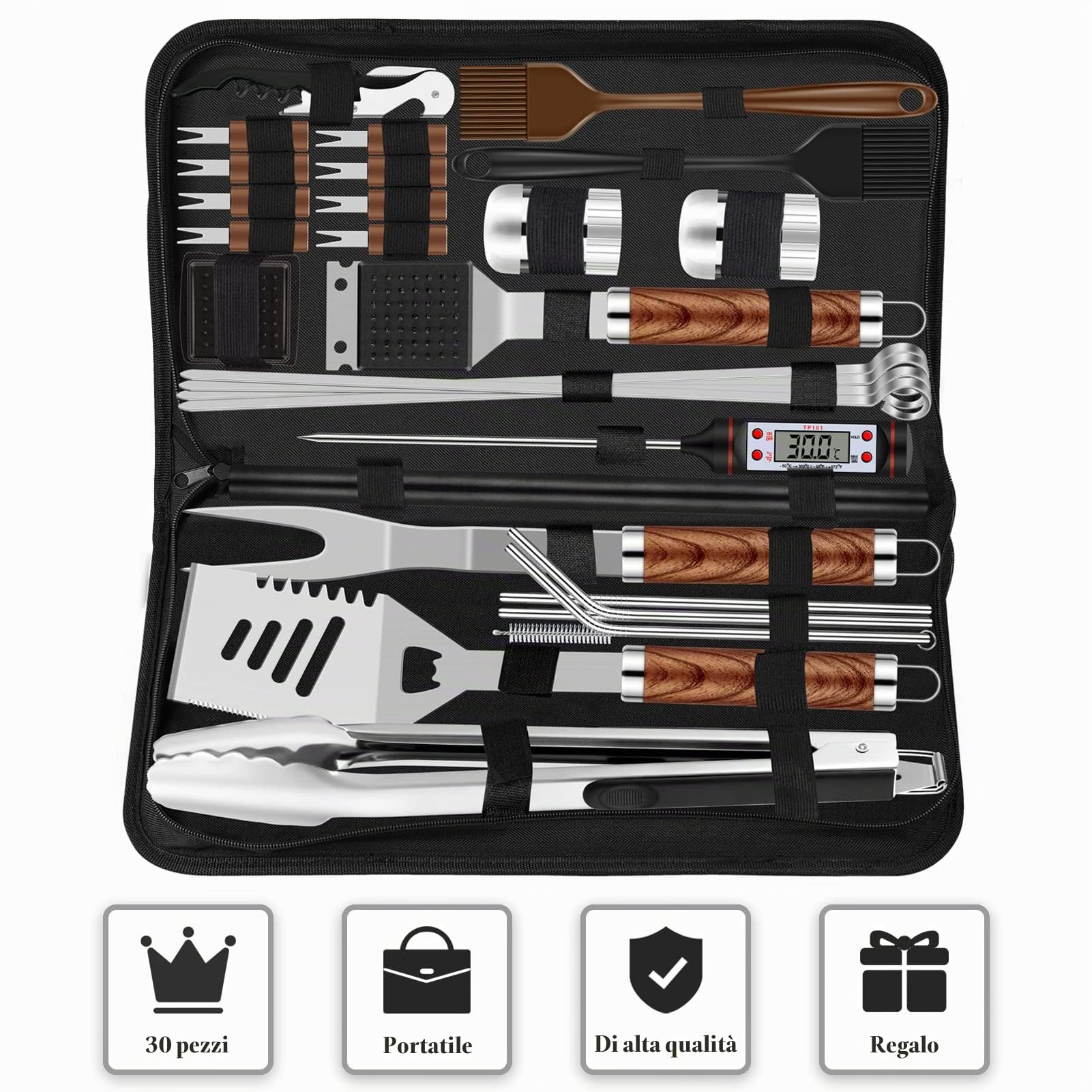 Grilliance Set di 30 Posate per Barbecue, in Acciaio Inox di Alta qualità, Pinza per Barbecue, cavatappi, Set con Valigetta e Tappetino per Barbecue, per Uomini, Regalo per Campeggio, Marrone