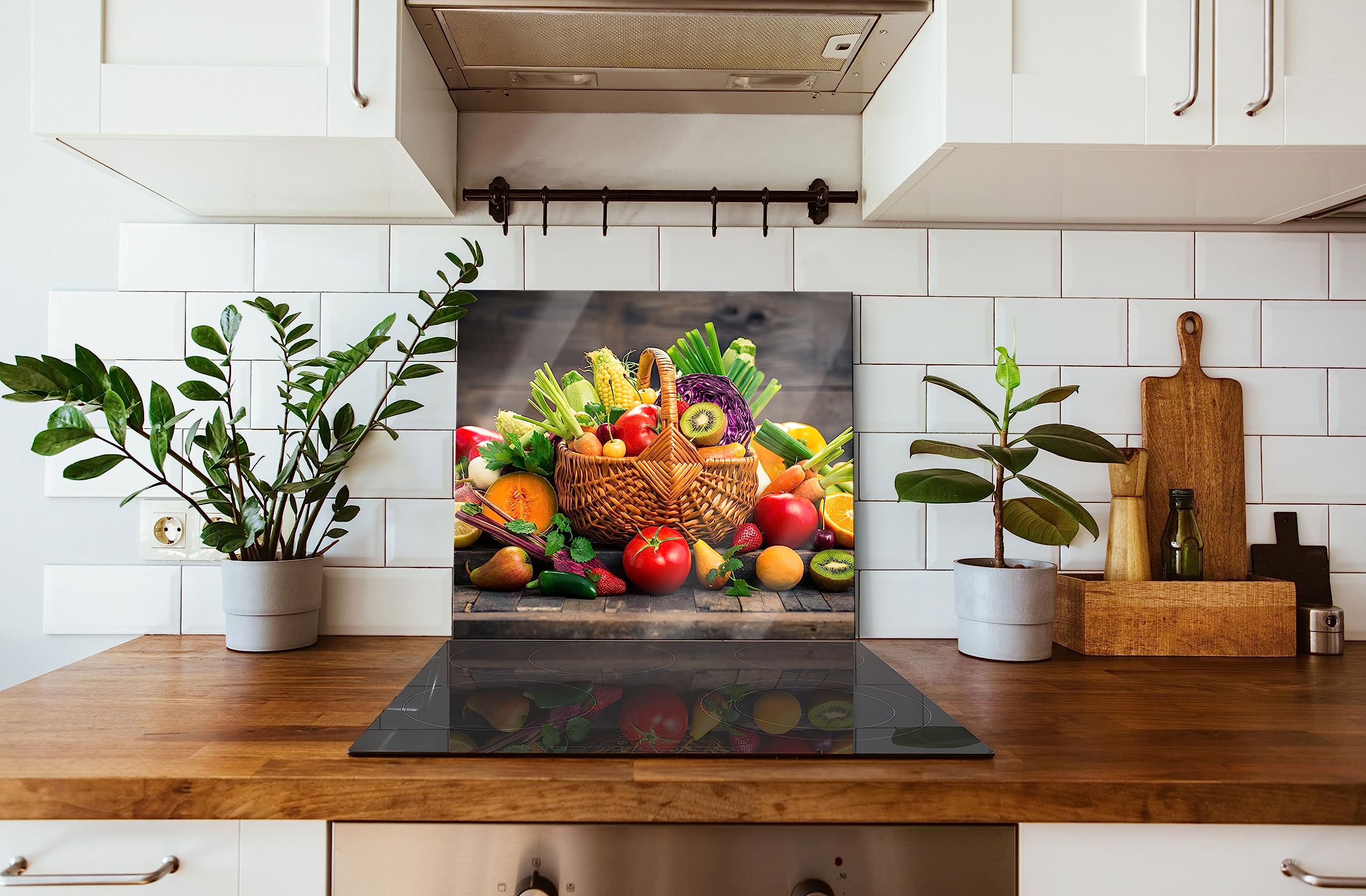 Frisches Obst und Gemüse im Korb Herdabdeckplatte & Spritzschutz aus Echtglas | Für Herd-Kochfelder | 60x52 cm