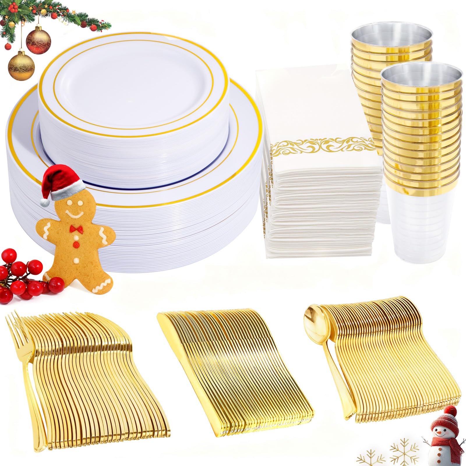 350 Pieces White and Gold Plastic Plates - 50 Guest Dinnerware Set Include 100 Plates, 50 Gold Plastic Silverware, 50 Paper Napkins and 50 Cups for Christmas Party,Wedding