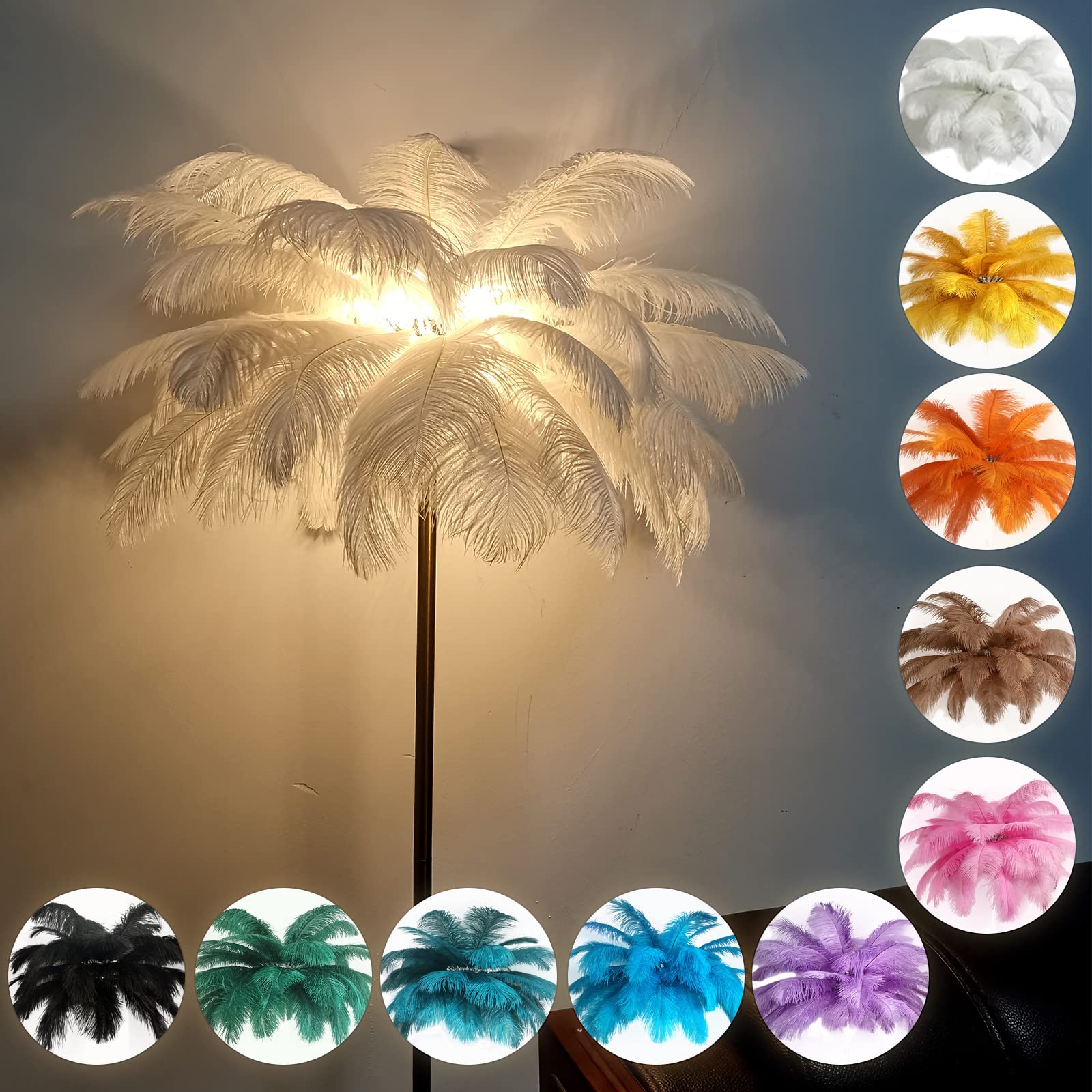 KISFWIU Floor lamp, Feather lamp with 48 Natural Ostrich Feathers with 10 Colors, Extended Feathers Suitable for Living Room, Bedroom, Study, H160cm (White)