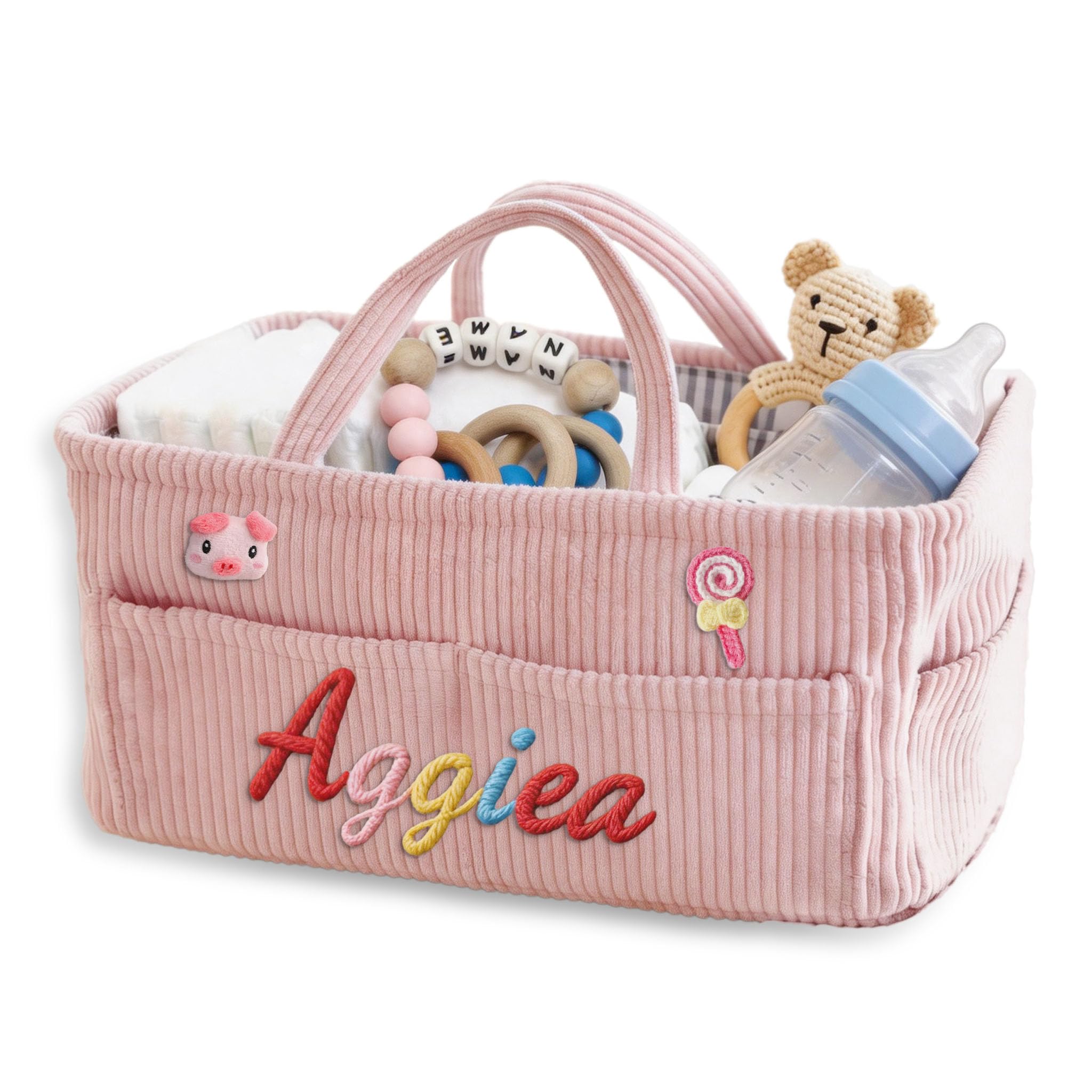 CGFN Personalised Nappy Caddy Organiser Newborn Nursery Care,Corduroy Pink