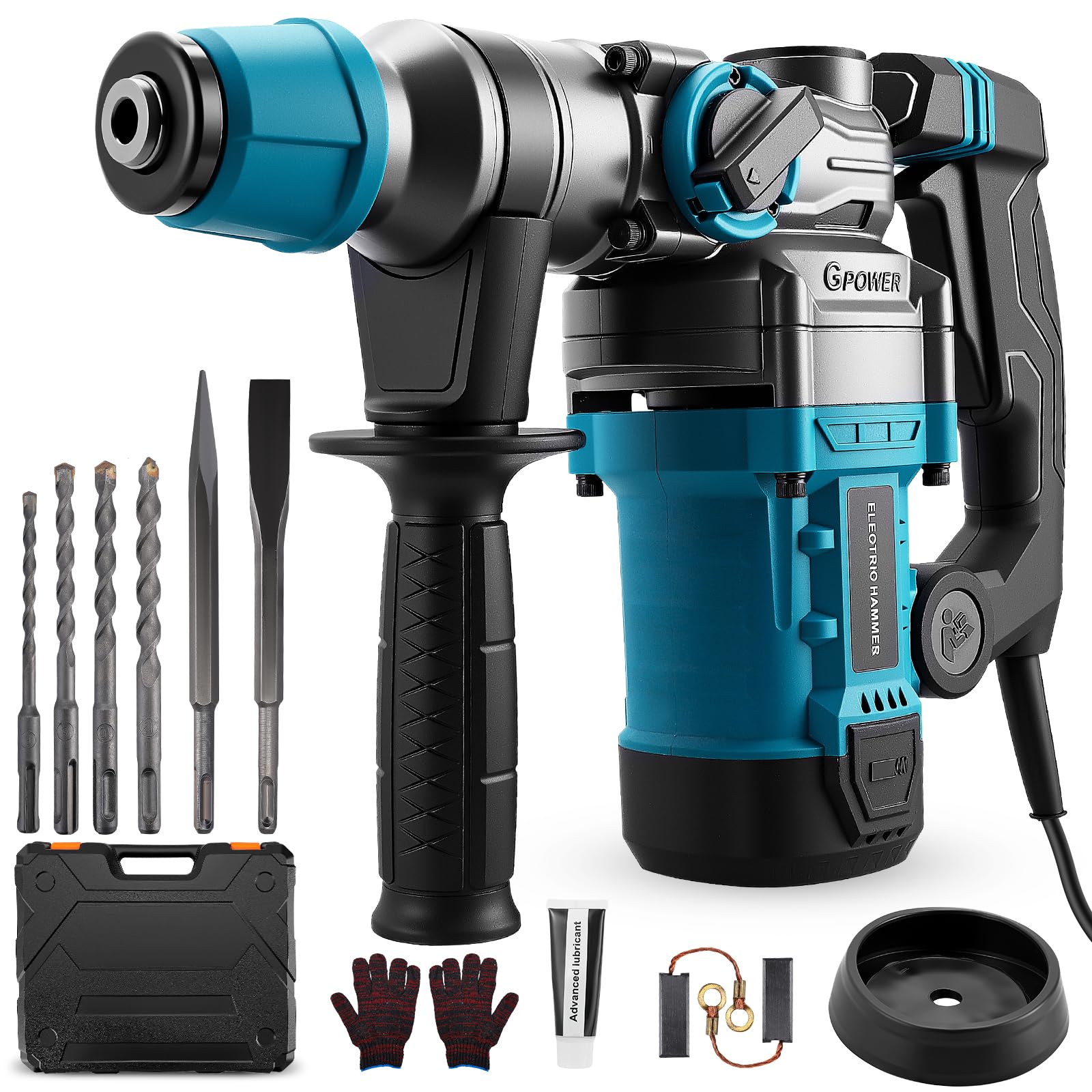3 in 1 trapano a percussione,1500W martello demolitore,Martello demolitore da 12 J,con 6 punte e scalpelli,diametro di foratura 40 mm,demolitore elettrico giunto antivibrante e di sicurezza