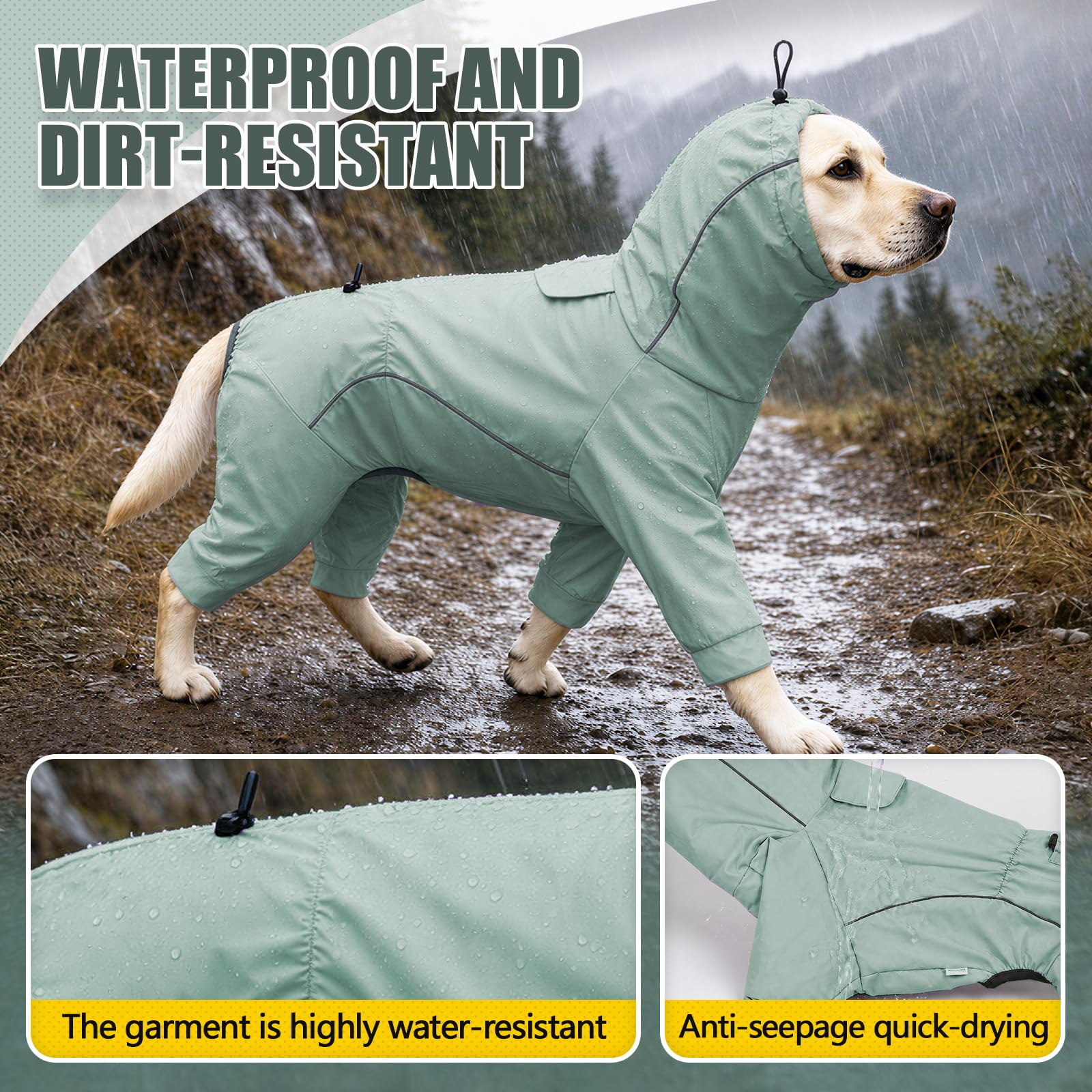 Hunde-Regenmantel mit 4 Beinen, wasserdicht, winddicht, Kapuzenjacke mit reflektierenden Streifen und Loch für die Leine, für kleine, mittelgroße und große Hunde bis zu 40 kg, Grün, Größe S