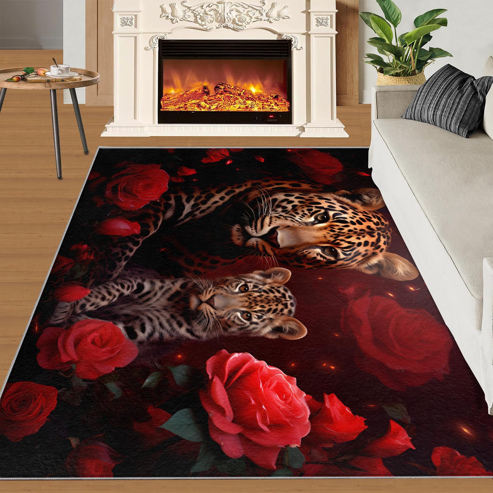 Cheetah Teppiche für Schlafzimmer, 80 x 120 cm, rote Rose, rutschfest, waschbar, Wildtier-Thema, für den Innenbereich, weiche Geräuschreduzierung, 3D-Tiere, Bodendekoration für Kinder