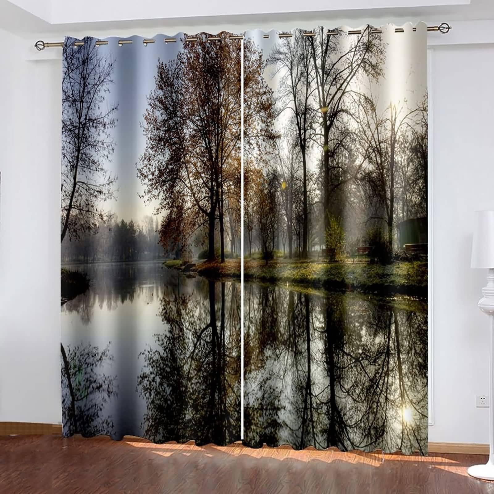 Schlafzimmer Vorhänge Blickdicht, 234x274cm Graubraun See- und Baumlandschaften Vorhang für Schlafzimmer-Fenstervorhänge