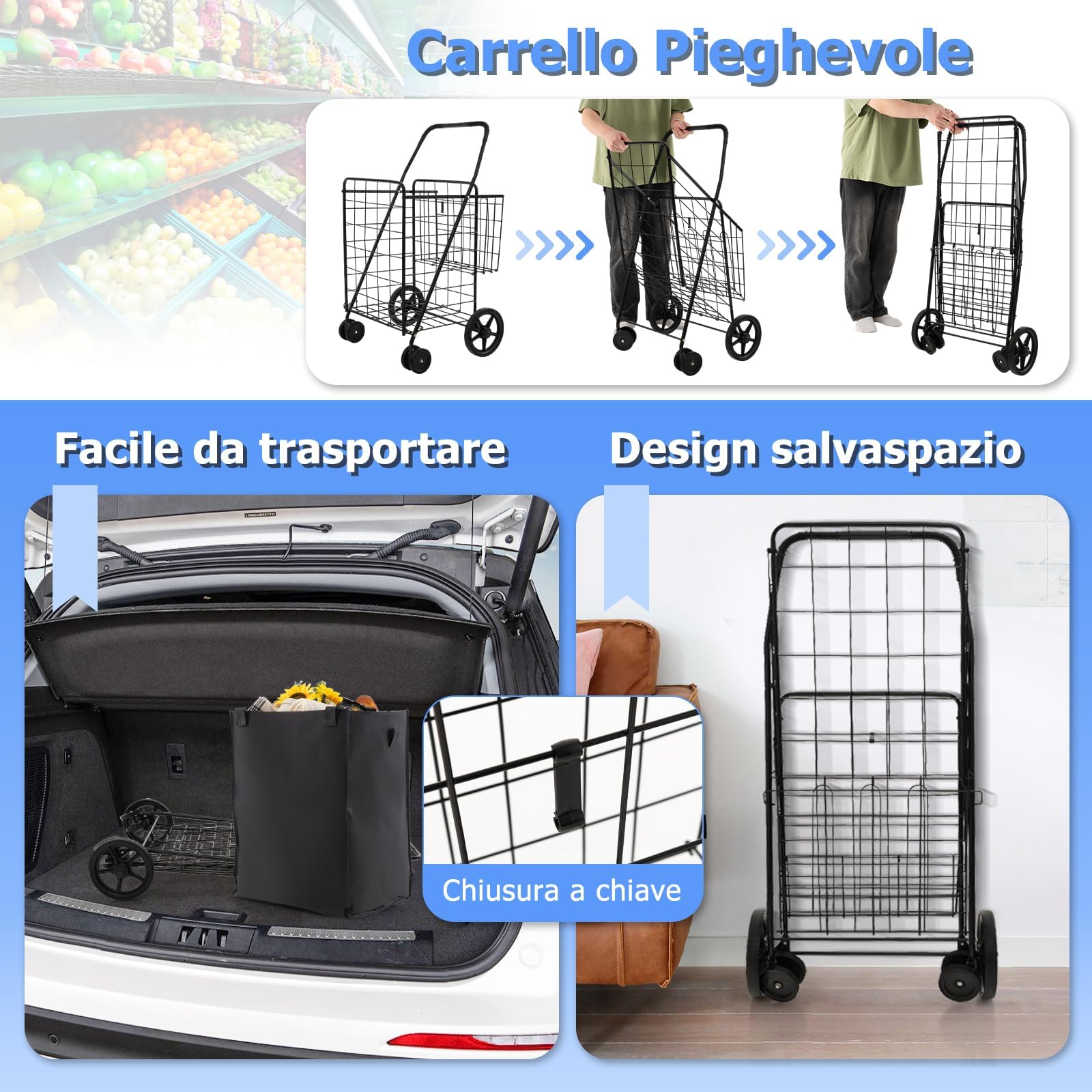 GYMAX Carrello Porta Spesa con Borsa, Carico 40 kg, 100 L + 22 L, 4 Ruote (2 Ruote Universali), Trolley Pieghevole in Metallo, 61 x 60 x 102 cm, Nero
