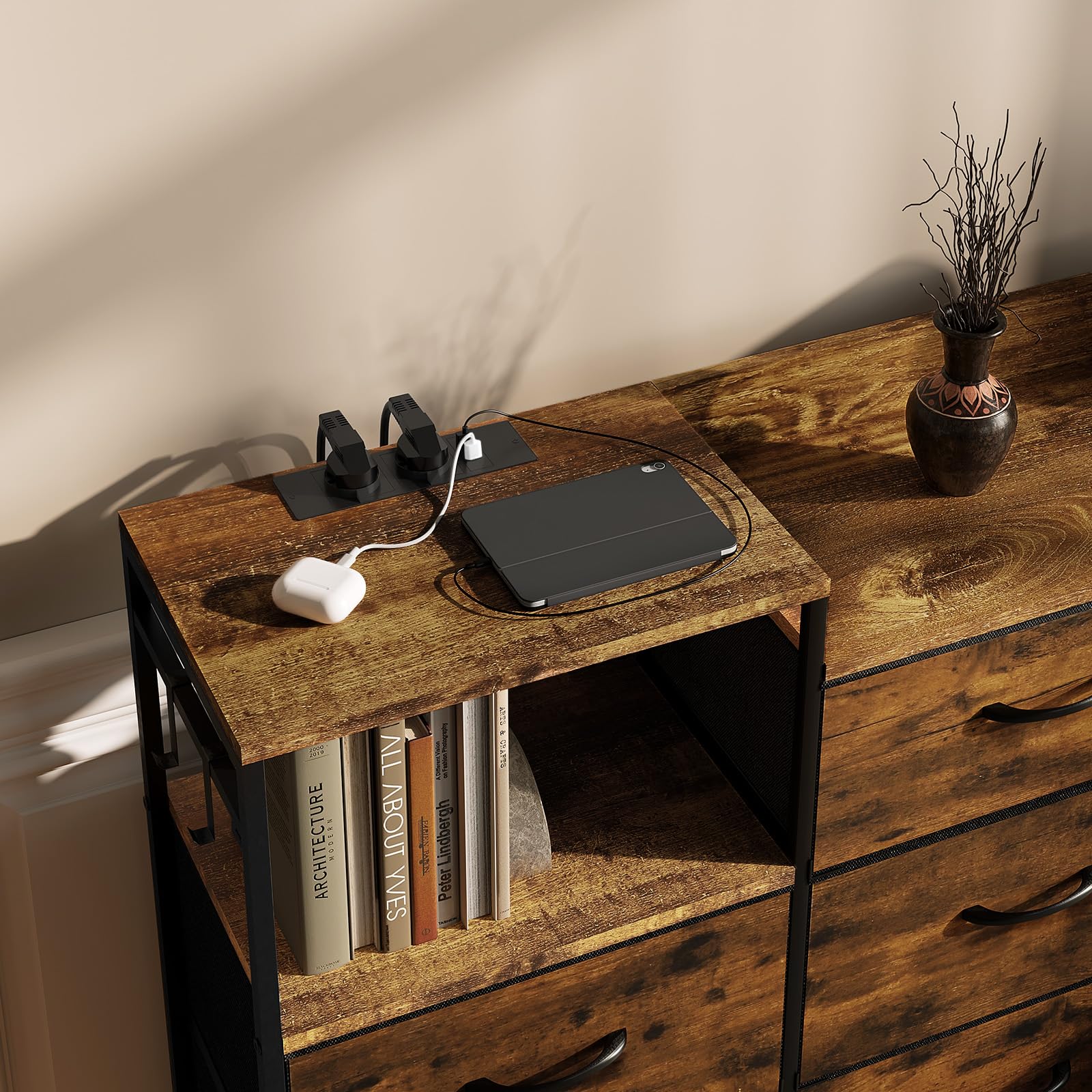 WOLTU Cómoda Dormitorio 8 Cajones de Tela, Estantes de Madera, Armario Comoda de Salon, Cajas Organizadoras, Estructura Metalica, Estilo Industrial, SSK007hov