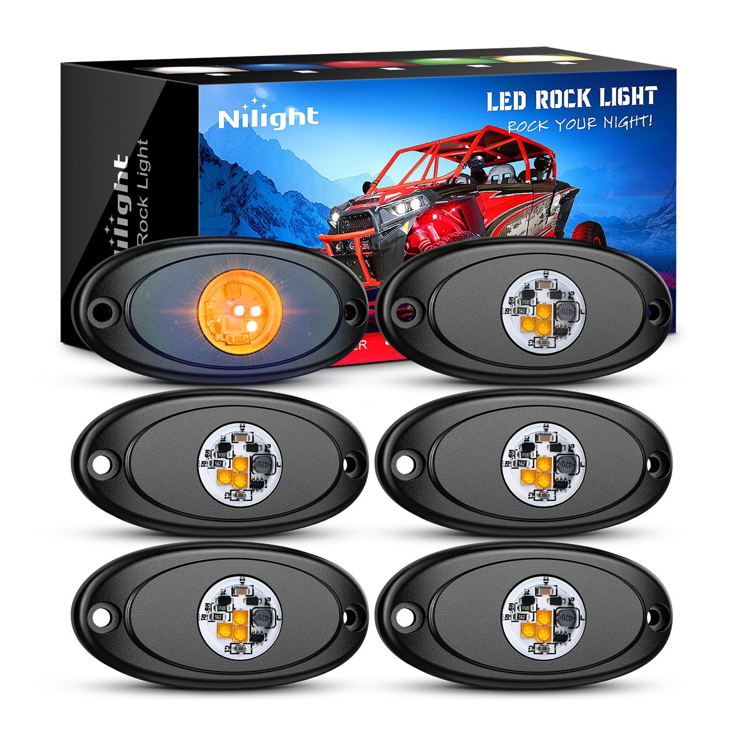 Nilight 6 PCS Pink Amber LED Rock Lights Underglow Wheel Well Fender Pods