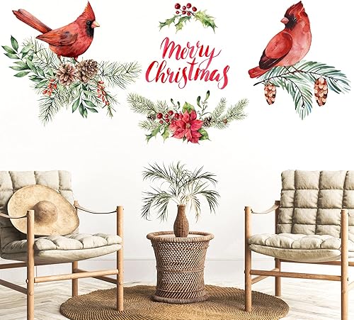 Calcomanía de cardenal, 4 piezas, calcomanía de pared de Feliz Navidad, calcomanía de vinilo de pájaro rojo, calcomanía de pared de pájaro cardenal