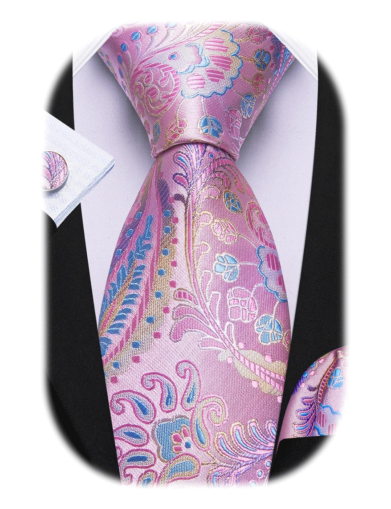 Barry.Wang Men Tie Sets Paisley Silk Necktie Pocket Square Cufflinks