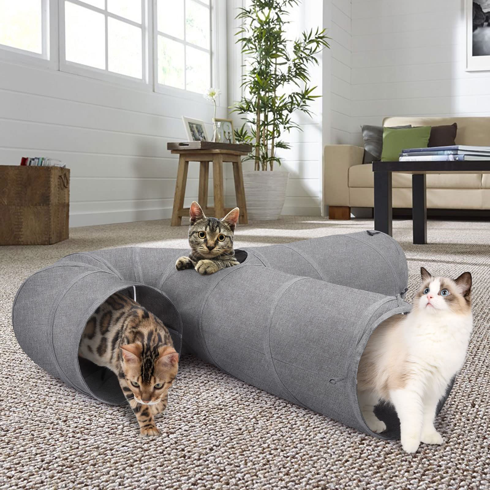 Ownpets Grand tunnel en forme de U pour chat avec 3 voies en tissu Oxford robuste, pliable et résistant aux déchirures, avec plusieurs sorties, boule suspendue et baguette taquineur, diamètre 30 cm