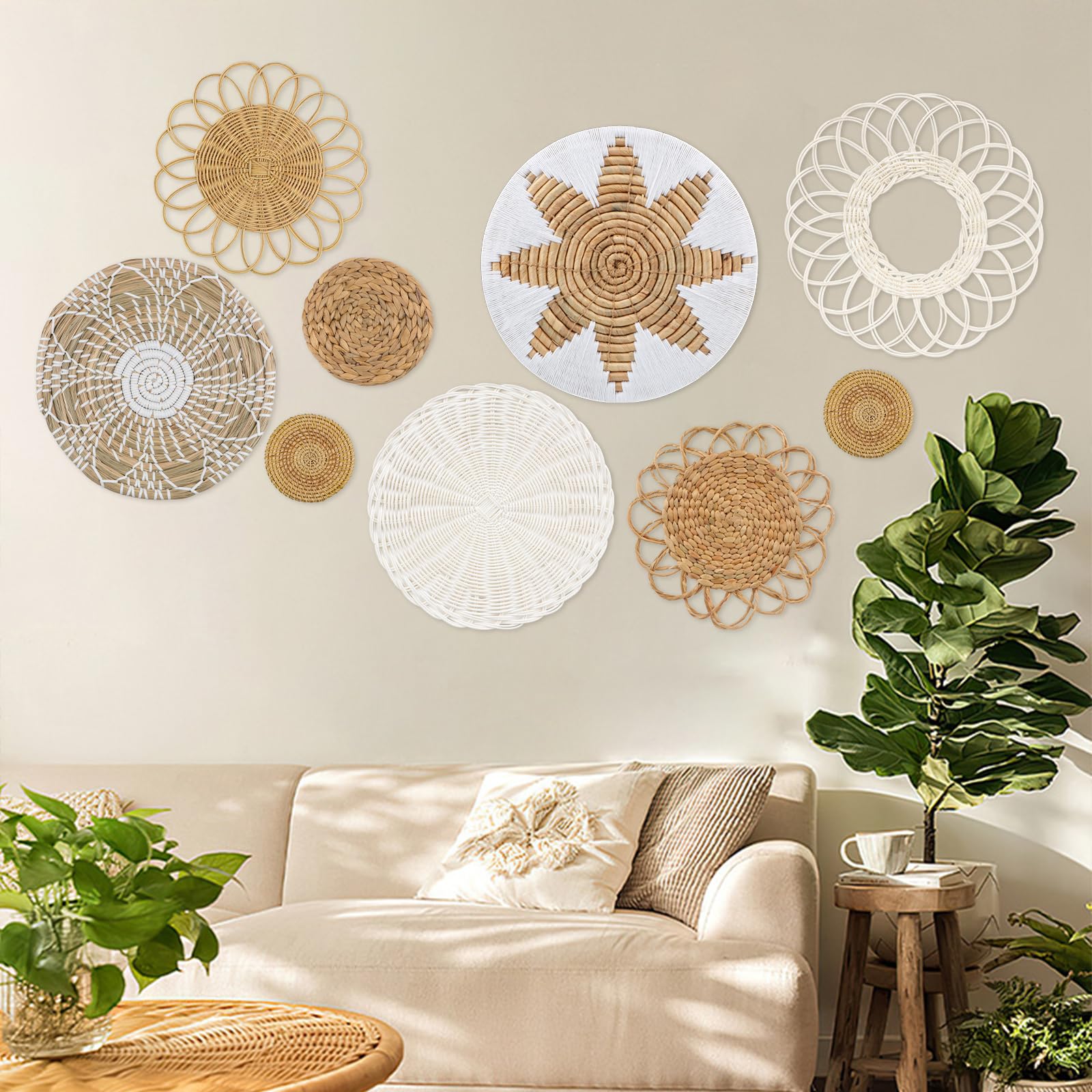 DETENE Set of 9 Rattan Flower Wall Decor Above the Bed Boho Wall Basket Decor Flat Woven Basket Wall Hanging Decor for Living Rooms Farmhouse Nursery