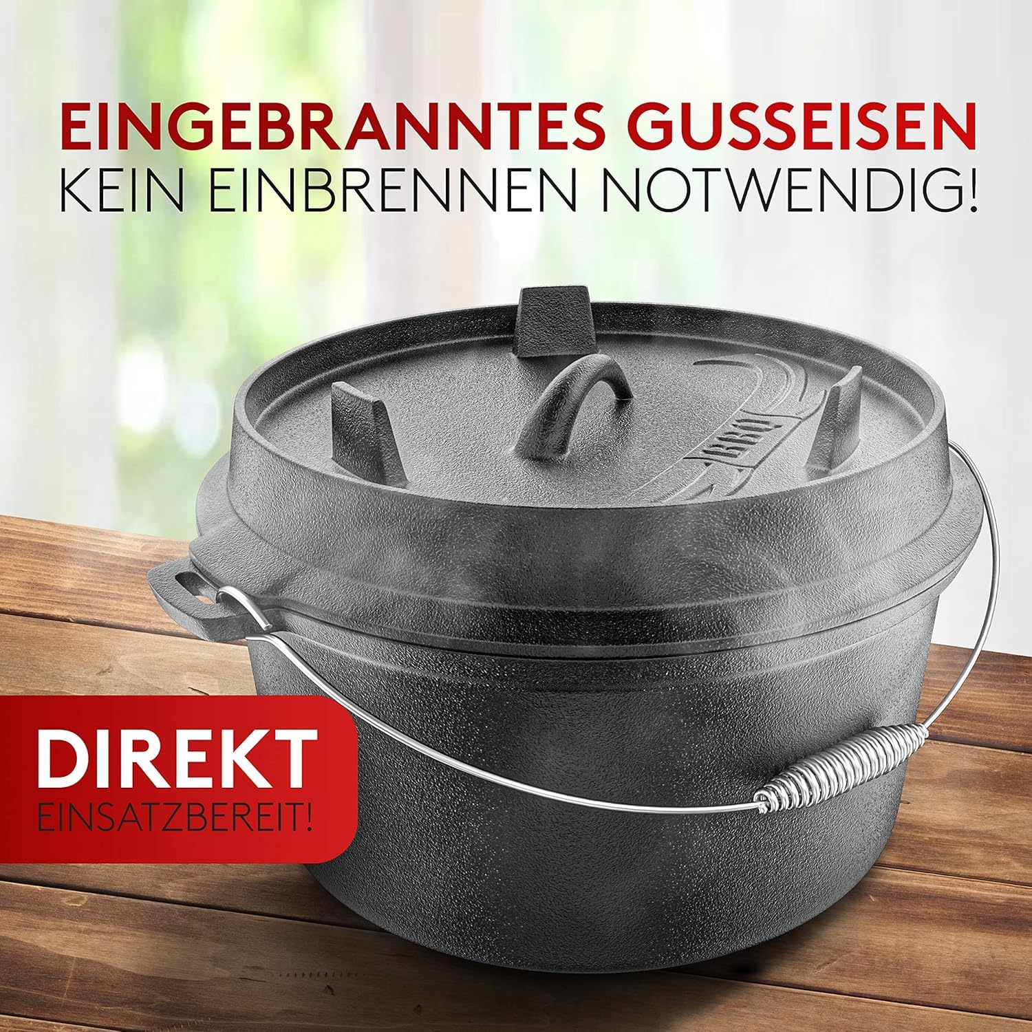 Grill Dutch Oven – zestaw Dutch Oven [8 l] – nadaje się do kuchenek indukcyjnych – ze stojakiem na garnek – wypalony żeliwny garnek – w zestawie Podnośnik pokrywy i e-book.