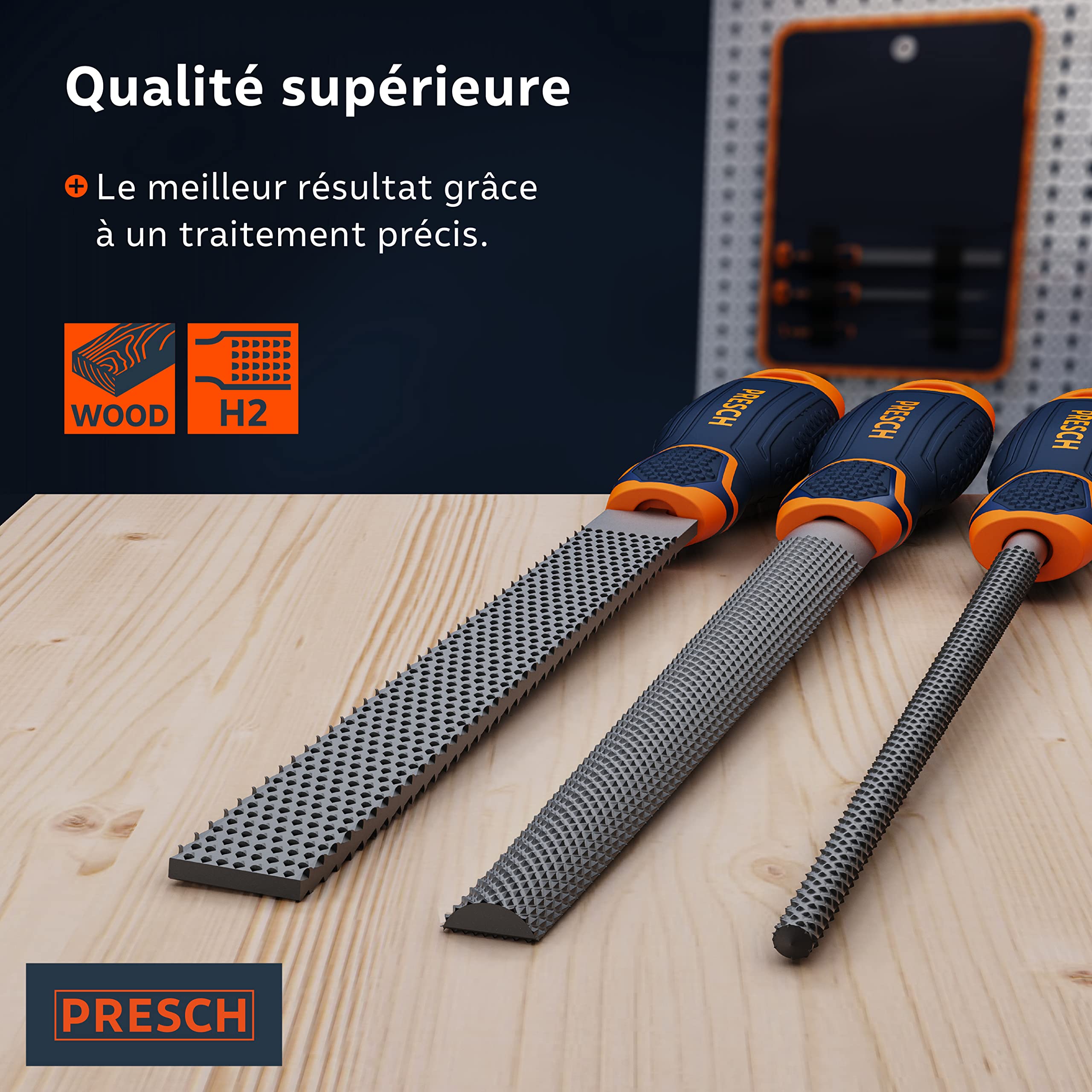Presch Set de 3 râpes à bois avec sacoche - Set de râpes H2 de haute qualité comprenant une râpe à bout plat, une râpe demi-ronde et une râpe ronde - Râpe à bois