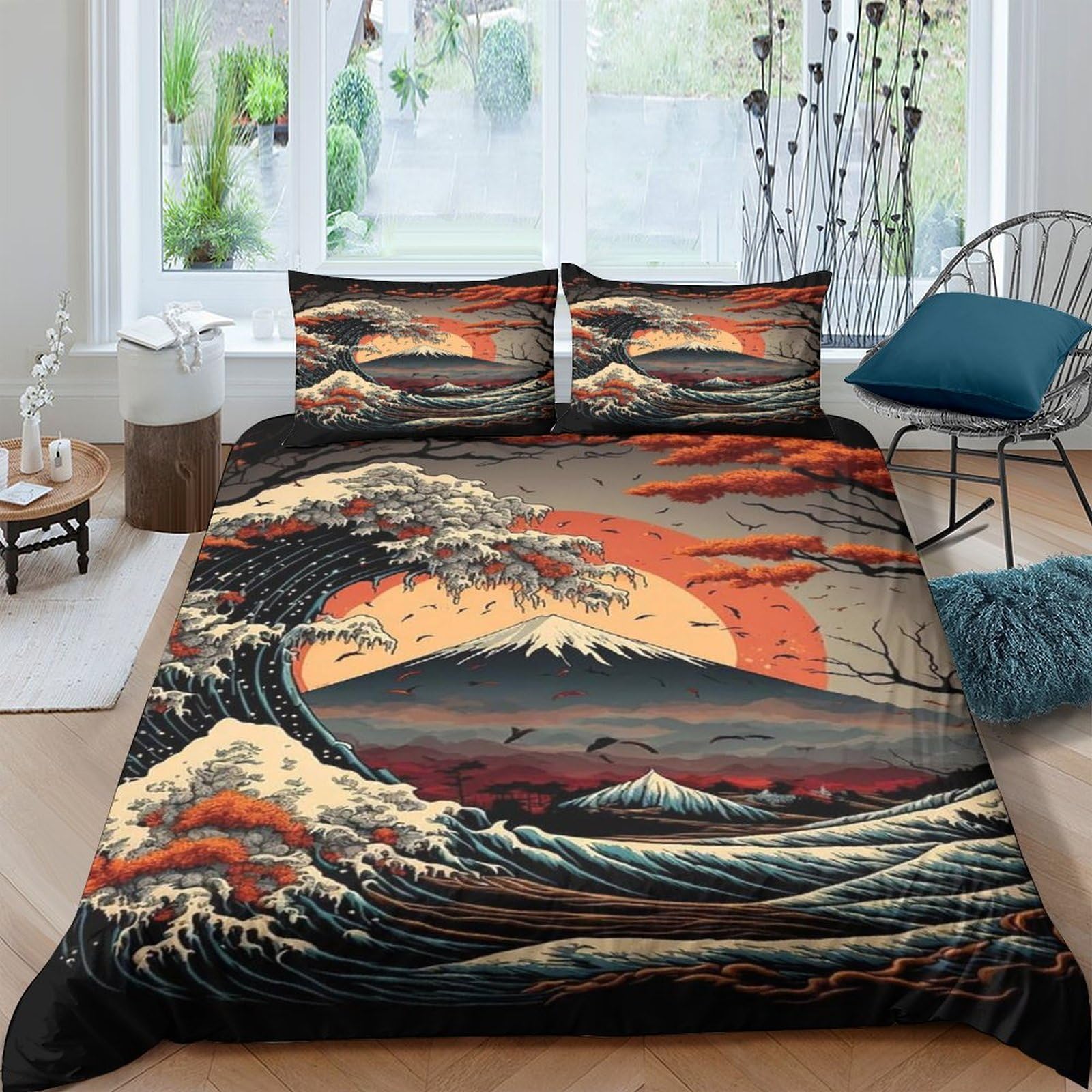 Ctjqhvkz Style-3 3D Printed Japanese Wave Fitted Sheet Microfiber Soft Breathable Sunset Mountain Mattress Cover For Bedroom Dorm Decor Single（135X200cm）