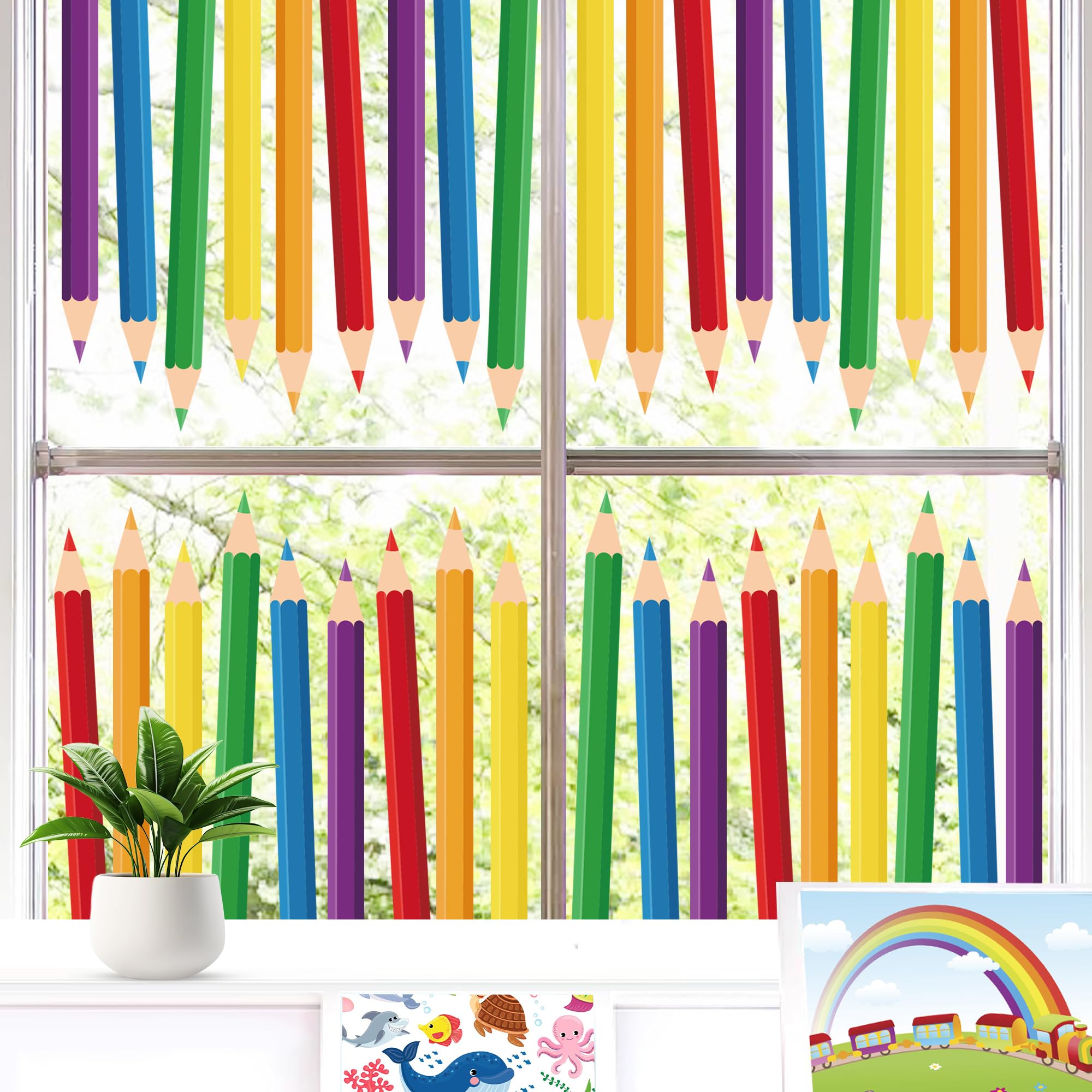 12 Sheets Colorful Pencil Window Clings Pencil Double Sided Window Stickers Back to School Windows Decals for First Day of School Classroom Home Wall Glass Blackboard Decorations