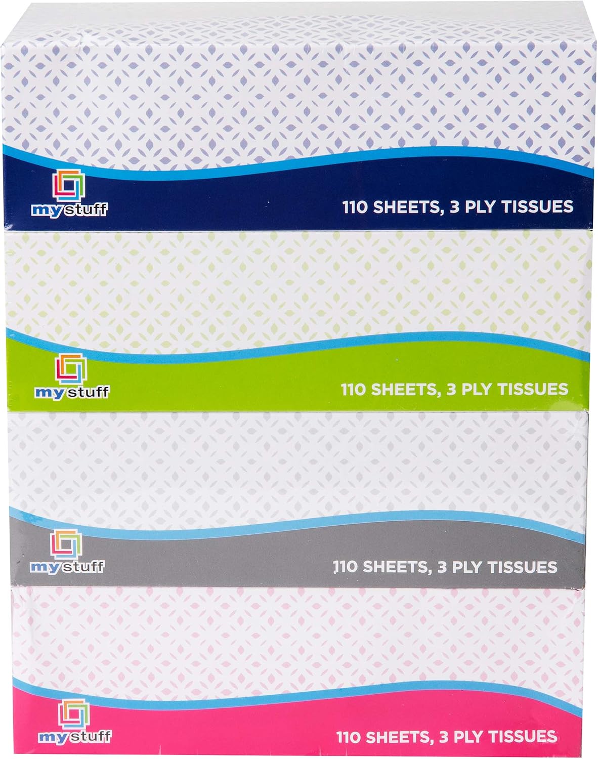 My Stuff Facial Tissues, Soft and Strong Cloths, 110 Sheets, 3-Ply Material, Full Size Box, Pack of 4, Assorted Color Packaging