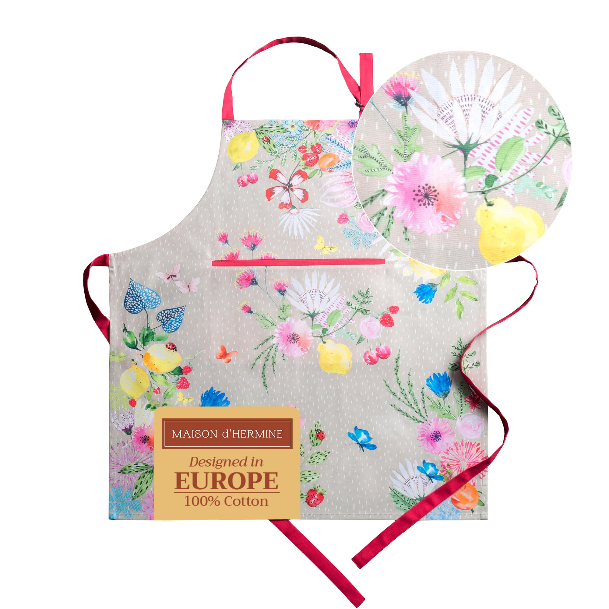 Maison d' Hermine 100% Cotton Apron for women with Pocket Kitchen Chef Spring Summer Apron for Men Cooking Gardening Server Waitress Maid - (Jardin D'Ete - Fog, 85 cm x 70 cm)