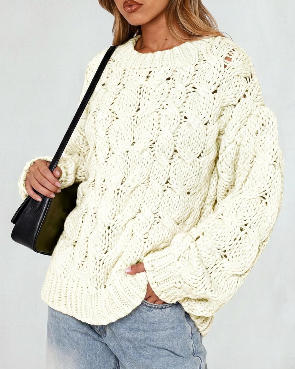 Women's Oversized Chunky Cable Knit Sweater Long Sleeve Crew Neck Crochet Fall Pullover Tops - Image 2