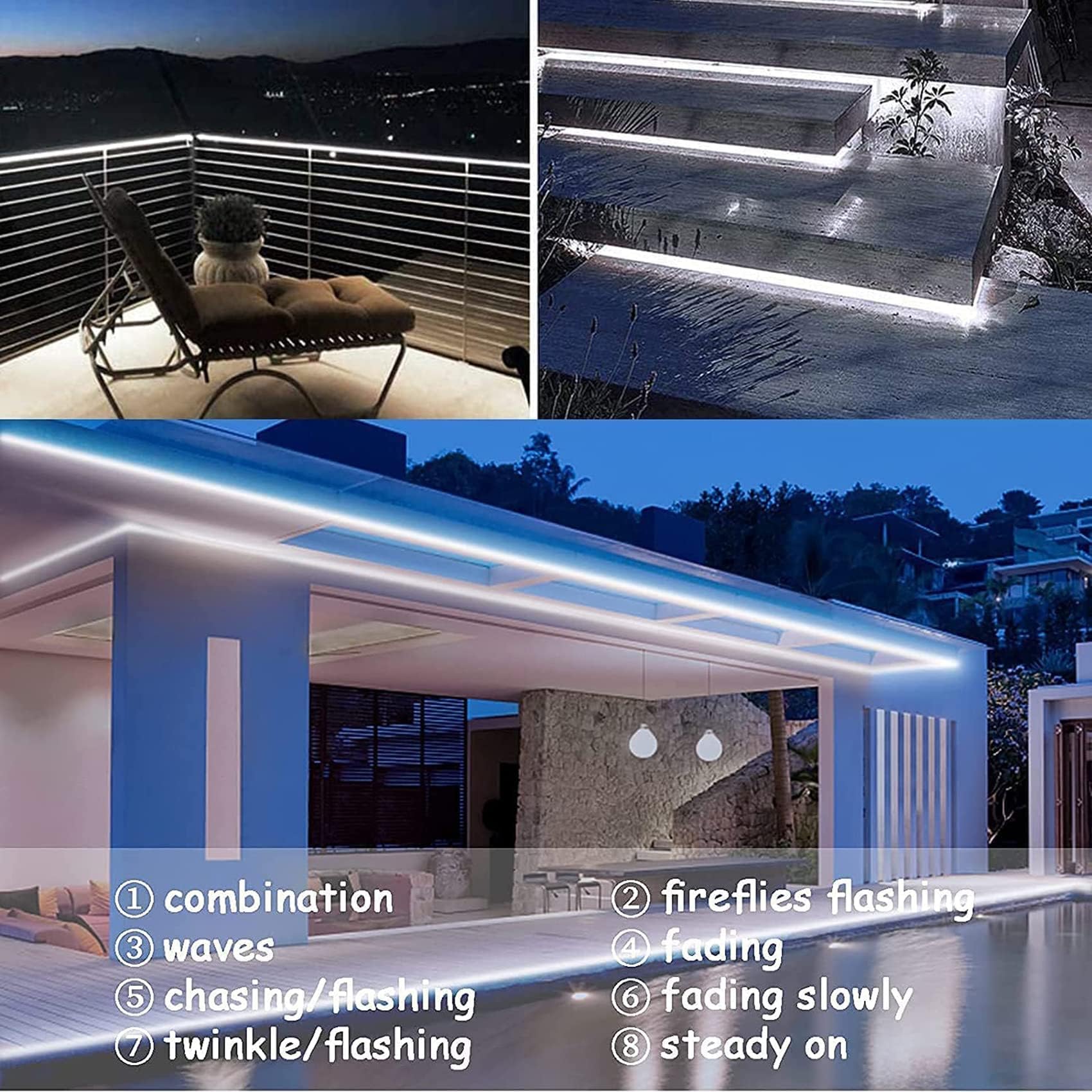Solar-LED-Lichtleiste, 10 m, wasserdicht, 240 LEDs, flexibler Lichtschlauch mit Fernbedienung, 8 Modi und Timer, für Treppen, Garten, Pavillon, Pool, Weihnachtsdekoration (Weiß)
