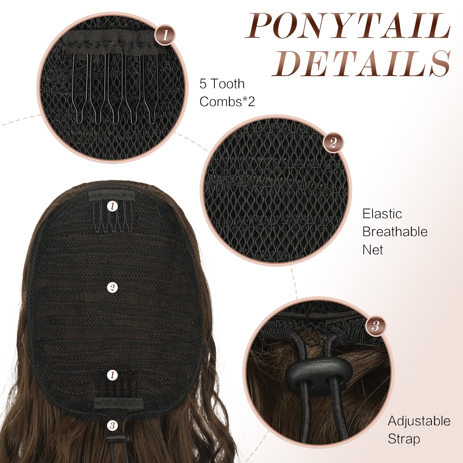 FESHFEN Long Curly Wavy Drawstring Ponytail Extensions Clip in Wavy Synthetic Hairpieces Moss Brown Drawstring Ponytail Curly Hair Piece Pony Tail Extension for Women 26 inch - Image 3