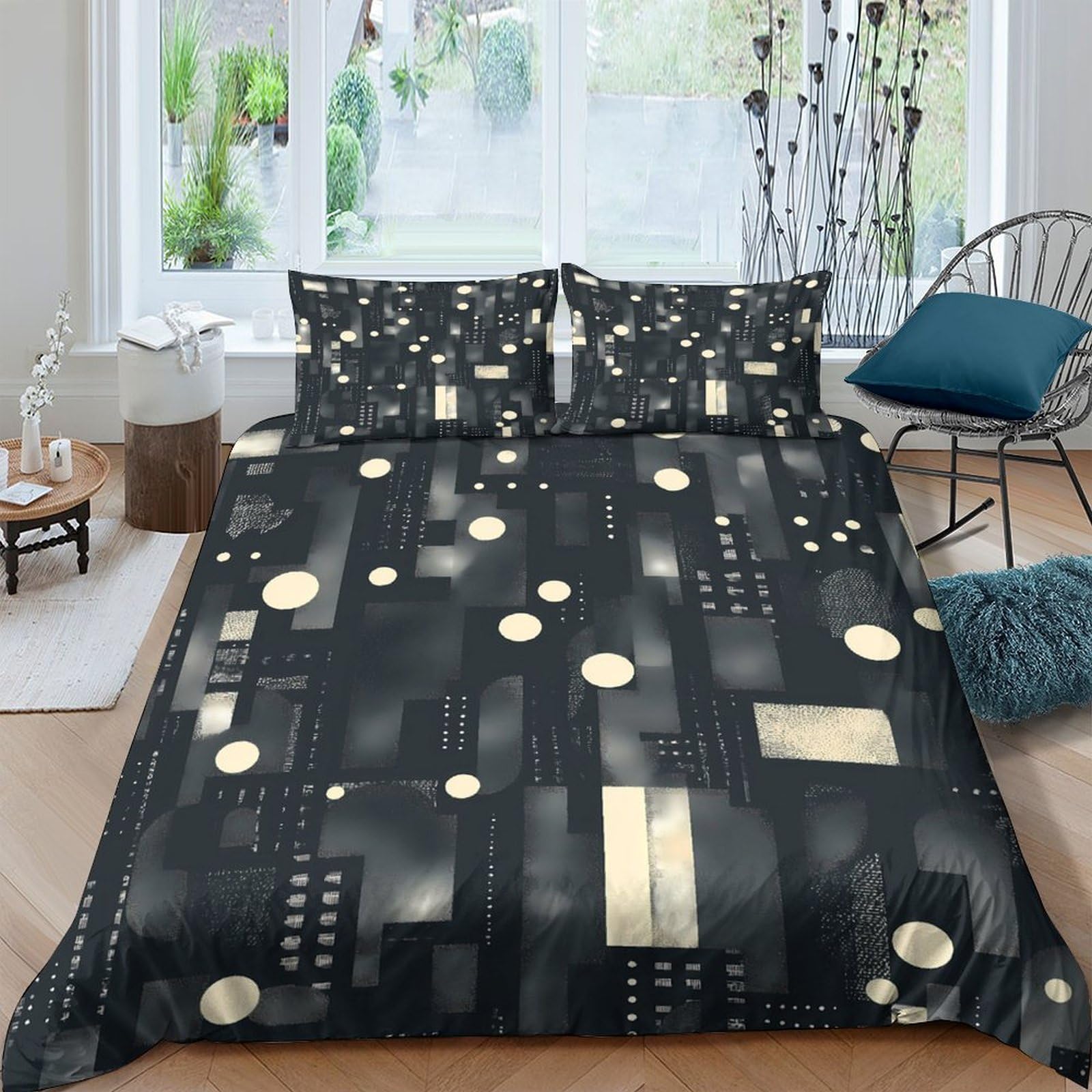 GPLZQXKJNH 3D Printed Geometric Night Duvet Cover Set Microfiber Soft Breathable Abstract Gold Bedding with 2 Pillowcases for Bedroom Décor Single（135x200cm）