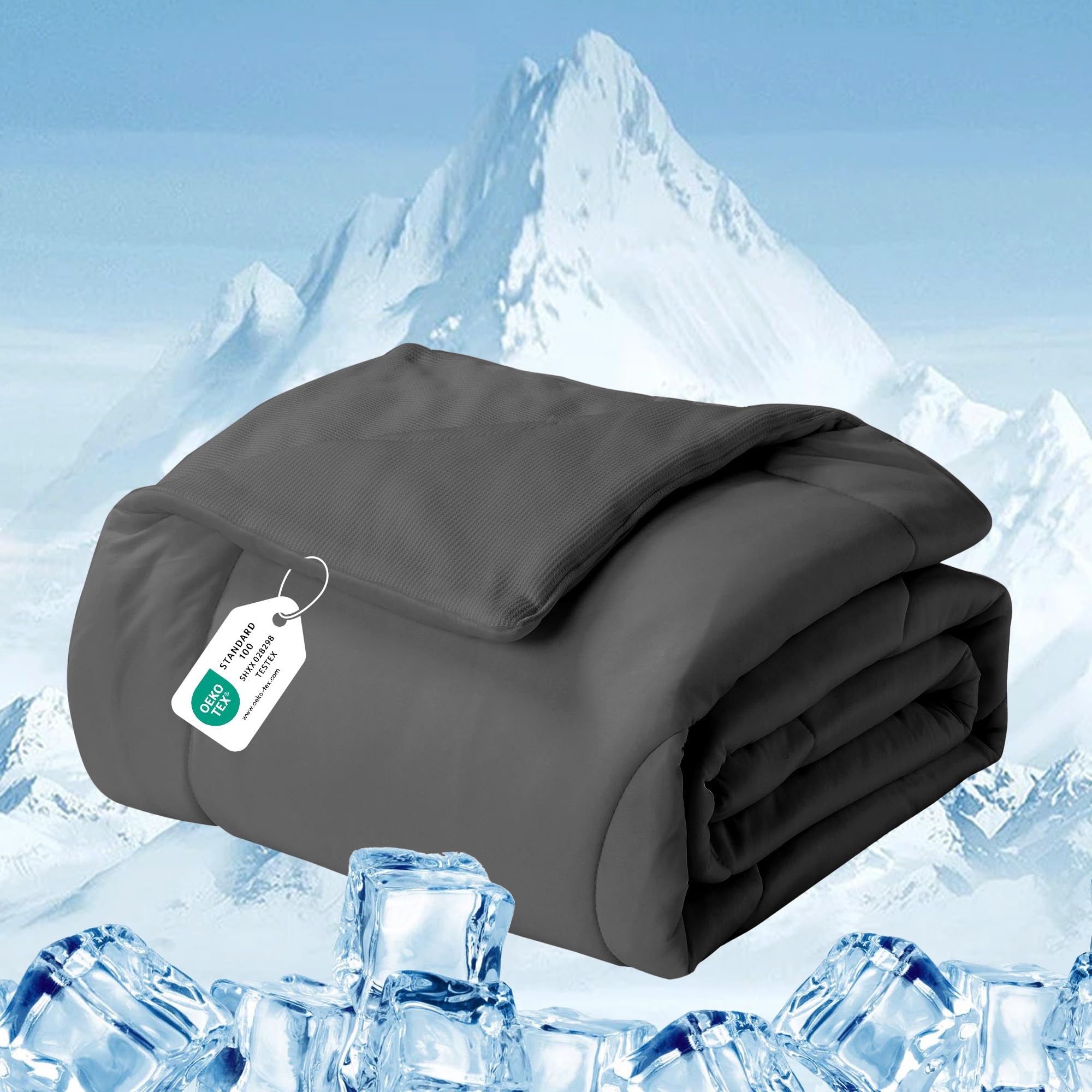 Deodar Coperta rinfrescante 2 in 1 double-face (Griglia goffrata + Seta ghiaccio), leggera e autorinfrescante per dormire, Grigio scuro 200x220