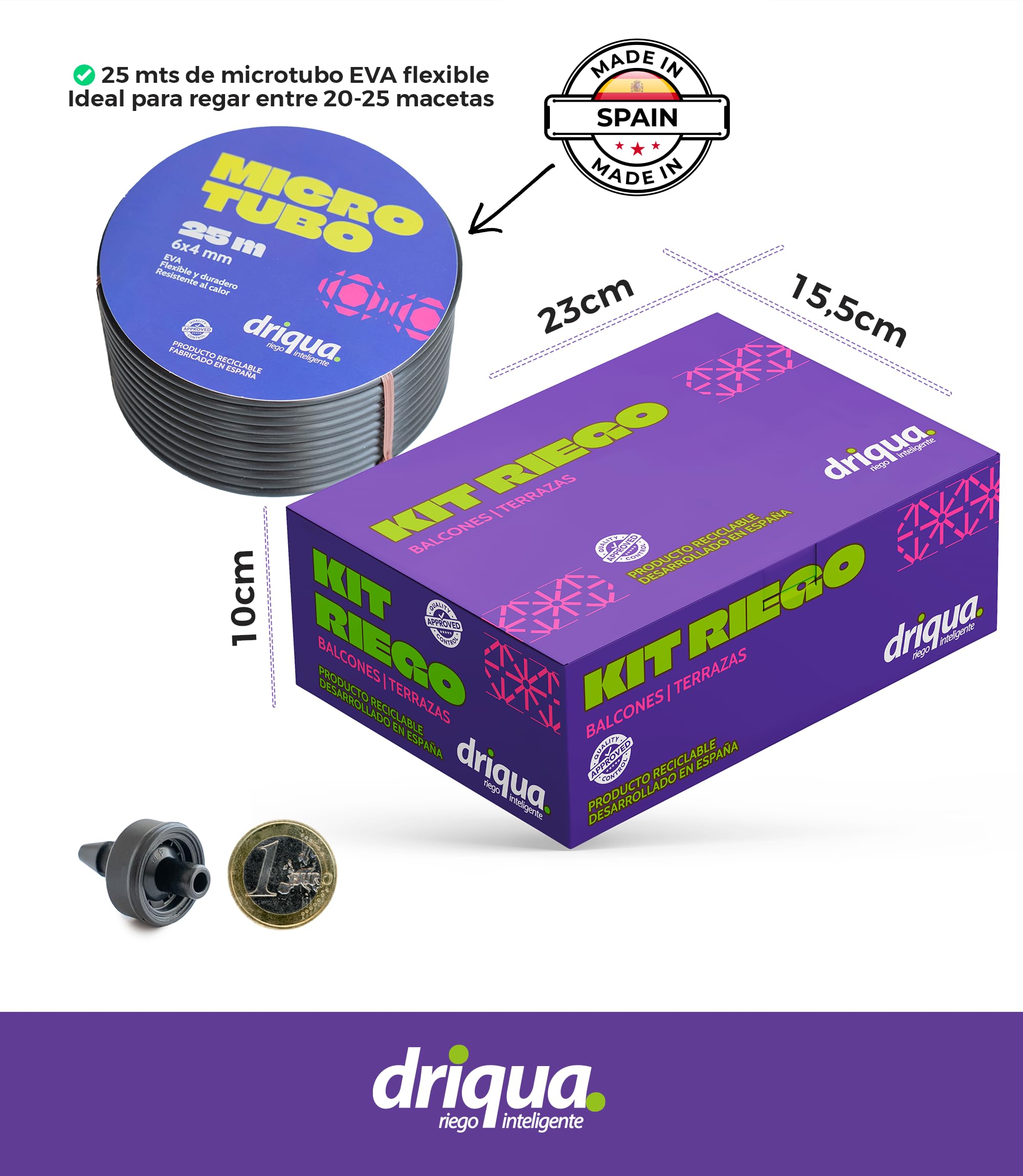 Kit de Riego por Goteo Balcones Terrazas y Huerto Urbano Sistema Completo 20-25 Macetas con Grifo Doble Latón Reductor Presión Goteros Autocompensantes Microtubo 25m Instalación Fácil sin Electricidad