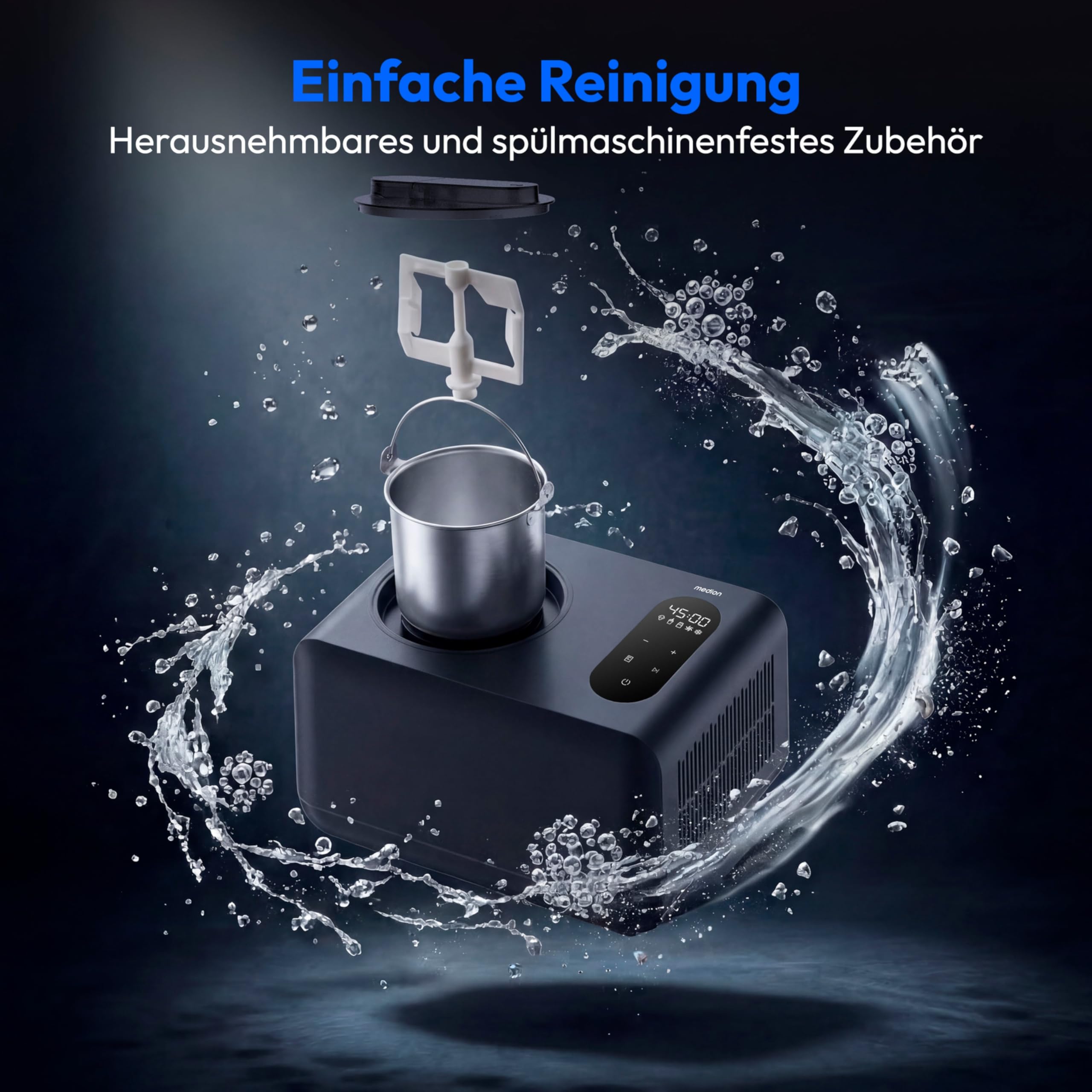 MEDION Eismaschine mit Kompressor 1,5 Liter, Eiscreme Joghurt & Slush ohne Vorkühlen, Touch-Display, MD 100087
